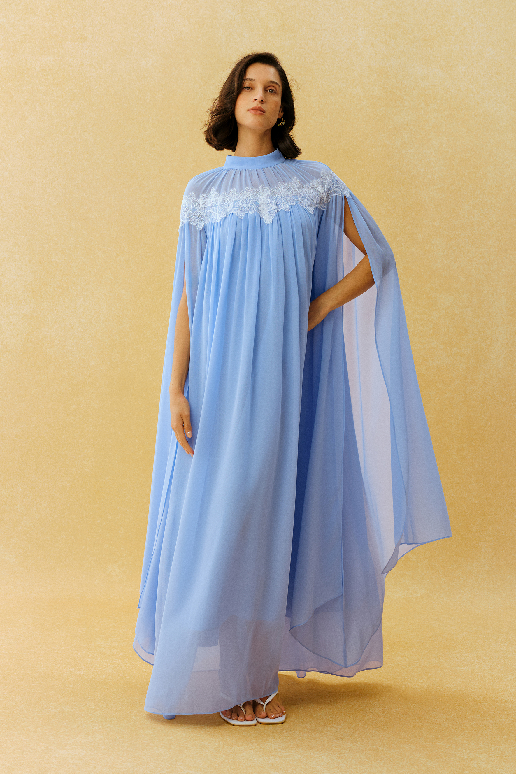 Glamorous Disposition Blue Lace Embroidery Cape Sleeve Maxi Dress