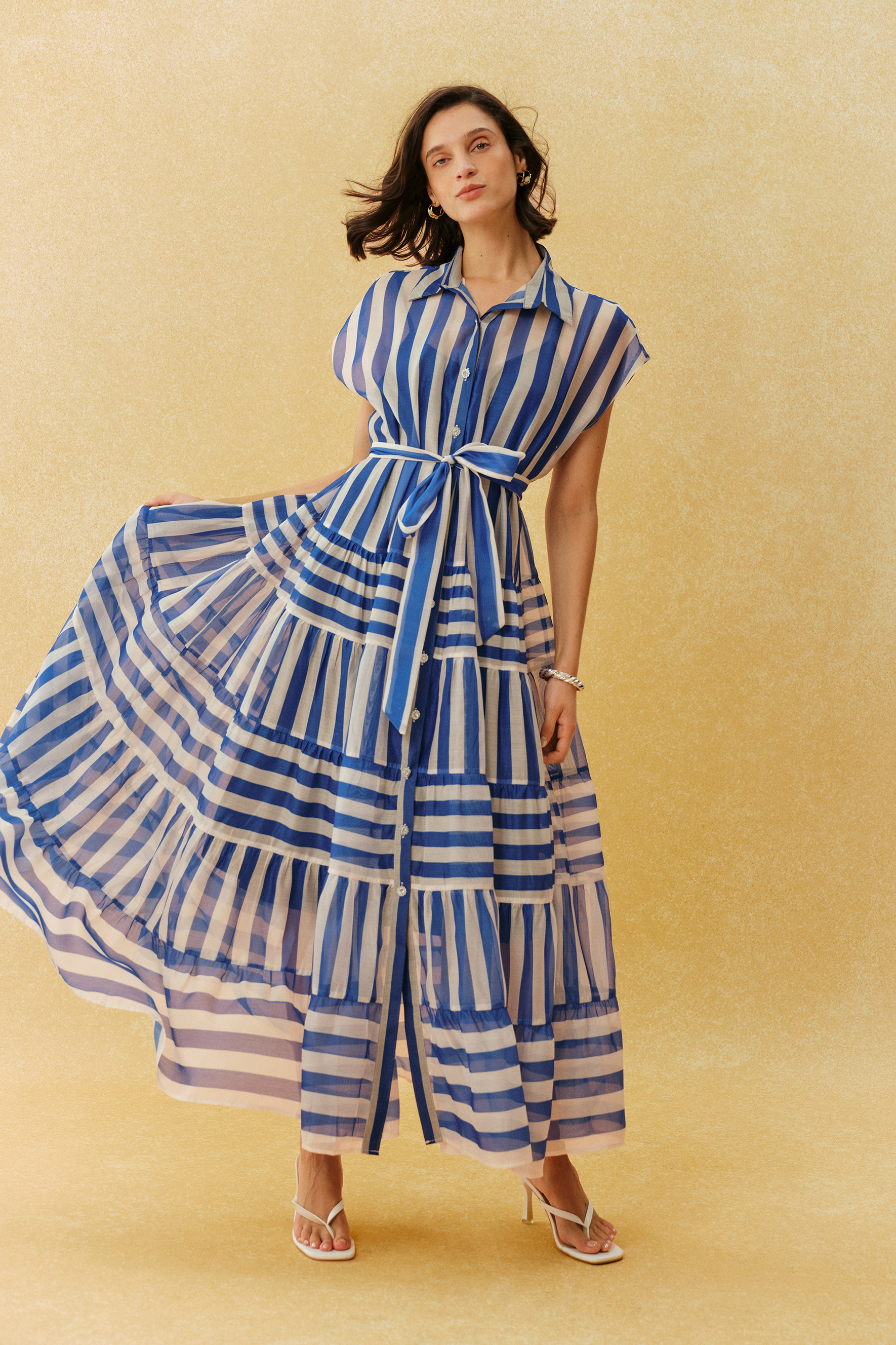 Breezy Little Secret Blue Striped Cap Sleeve Maxi Dress