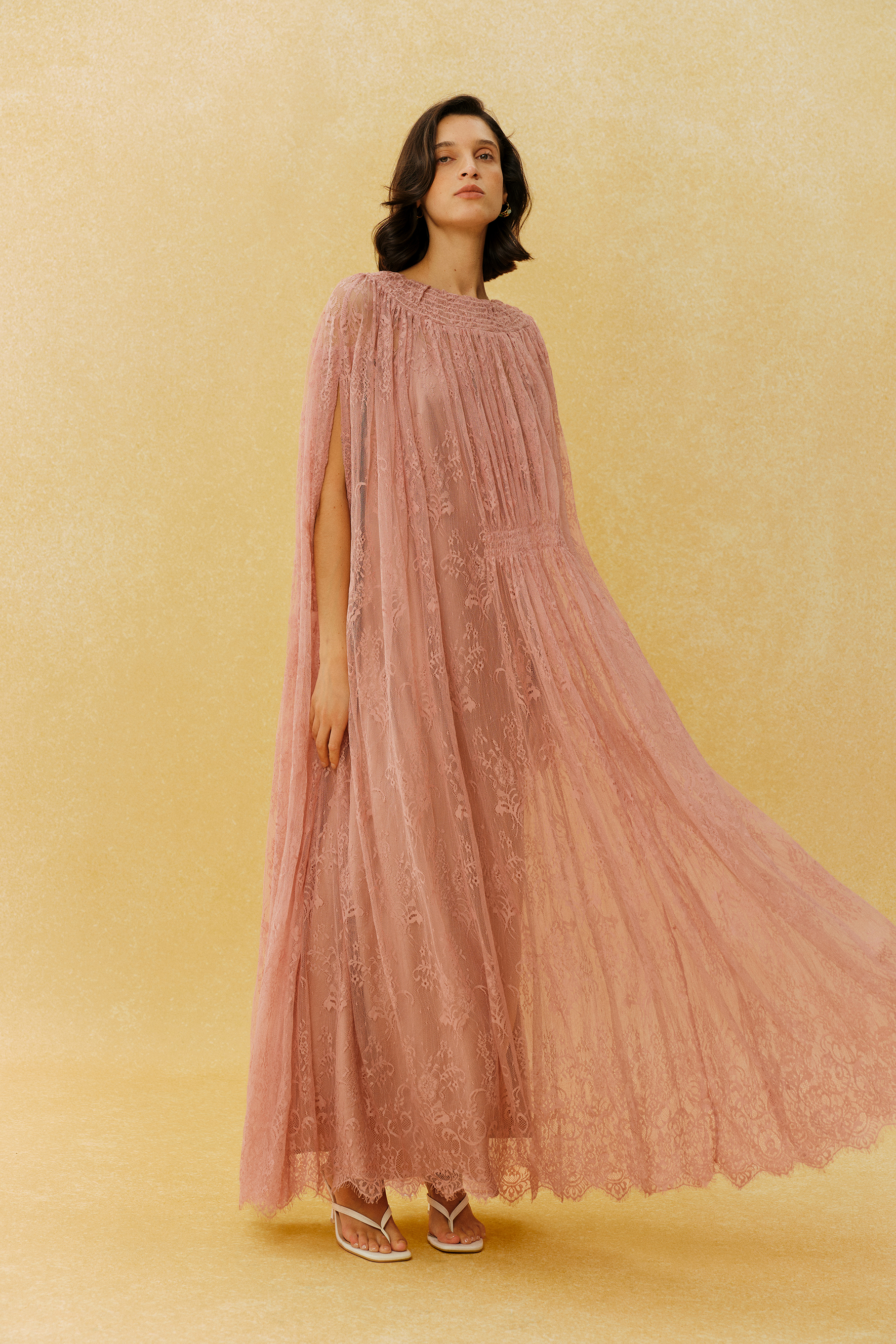 Can't Look Away Pink Floral Lace Cape Sleeve Maxi Dress