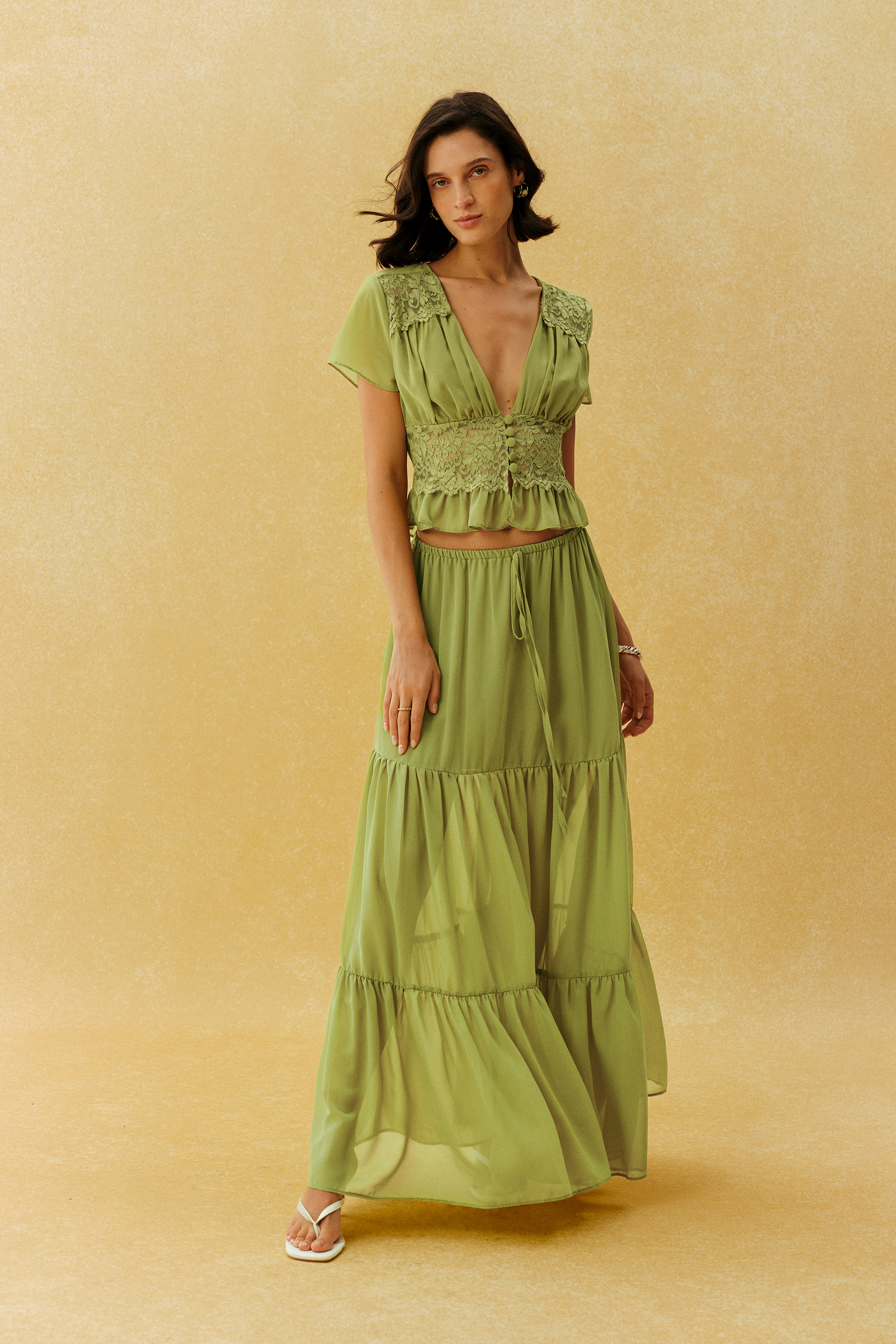 Feeling Like Her Green Short Sleeve Lace Waist Crop Top & Skirt Set