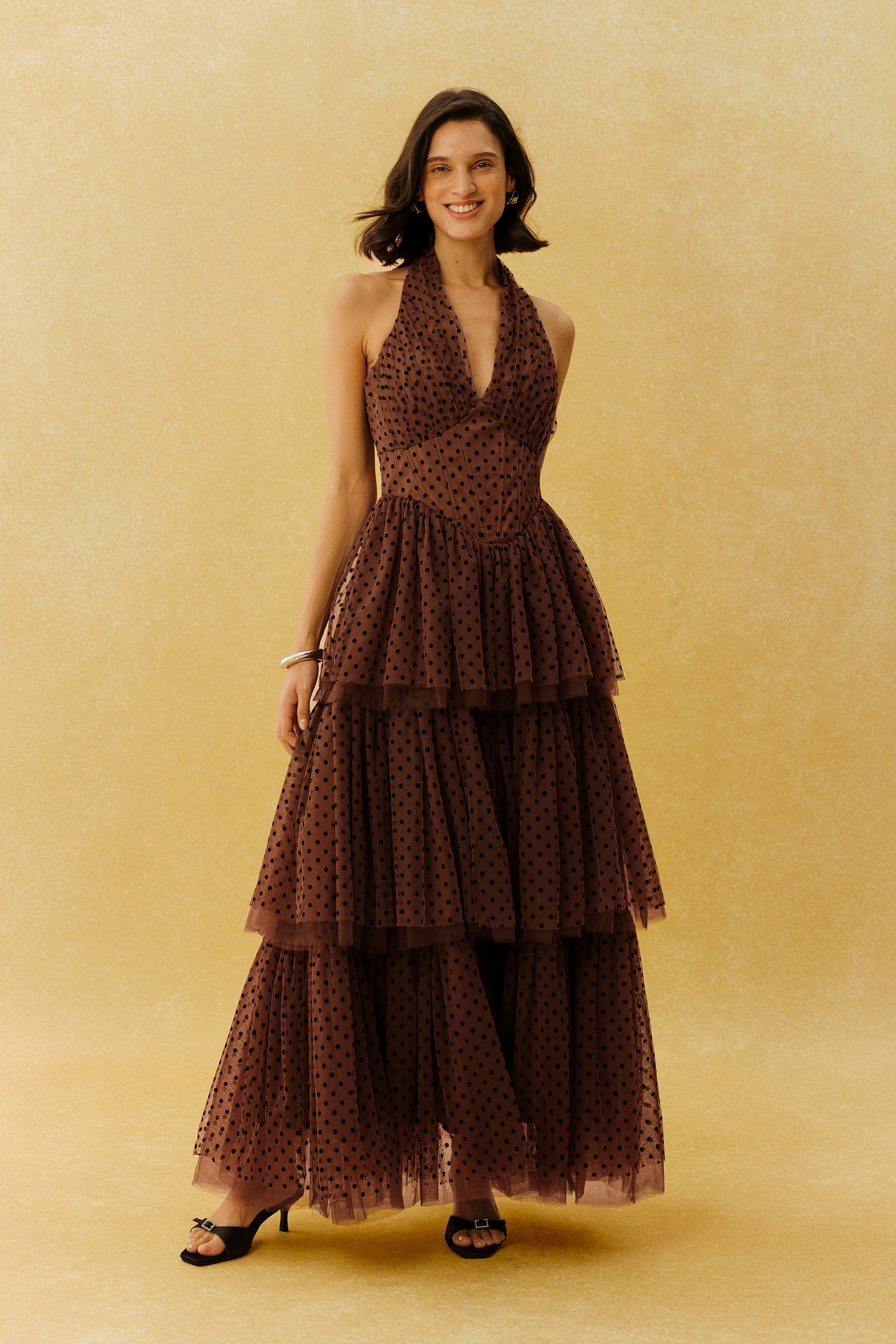Lasting Allure Brown Polka Dot Halter Neck Tulle Maxi Dress