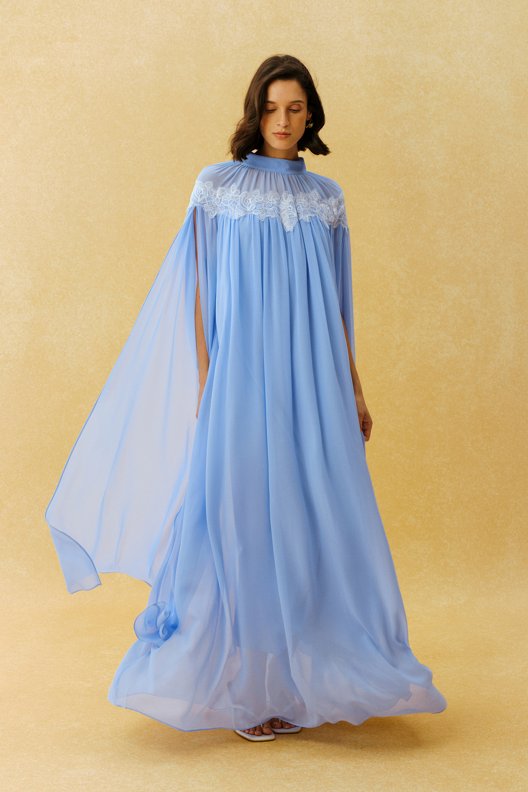 Glamorous Disposition Blue Lace Embroidery Cape Sleeve Maxi Dress
