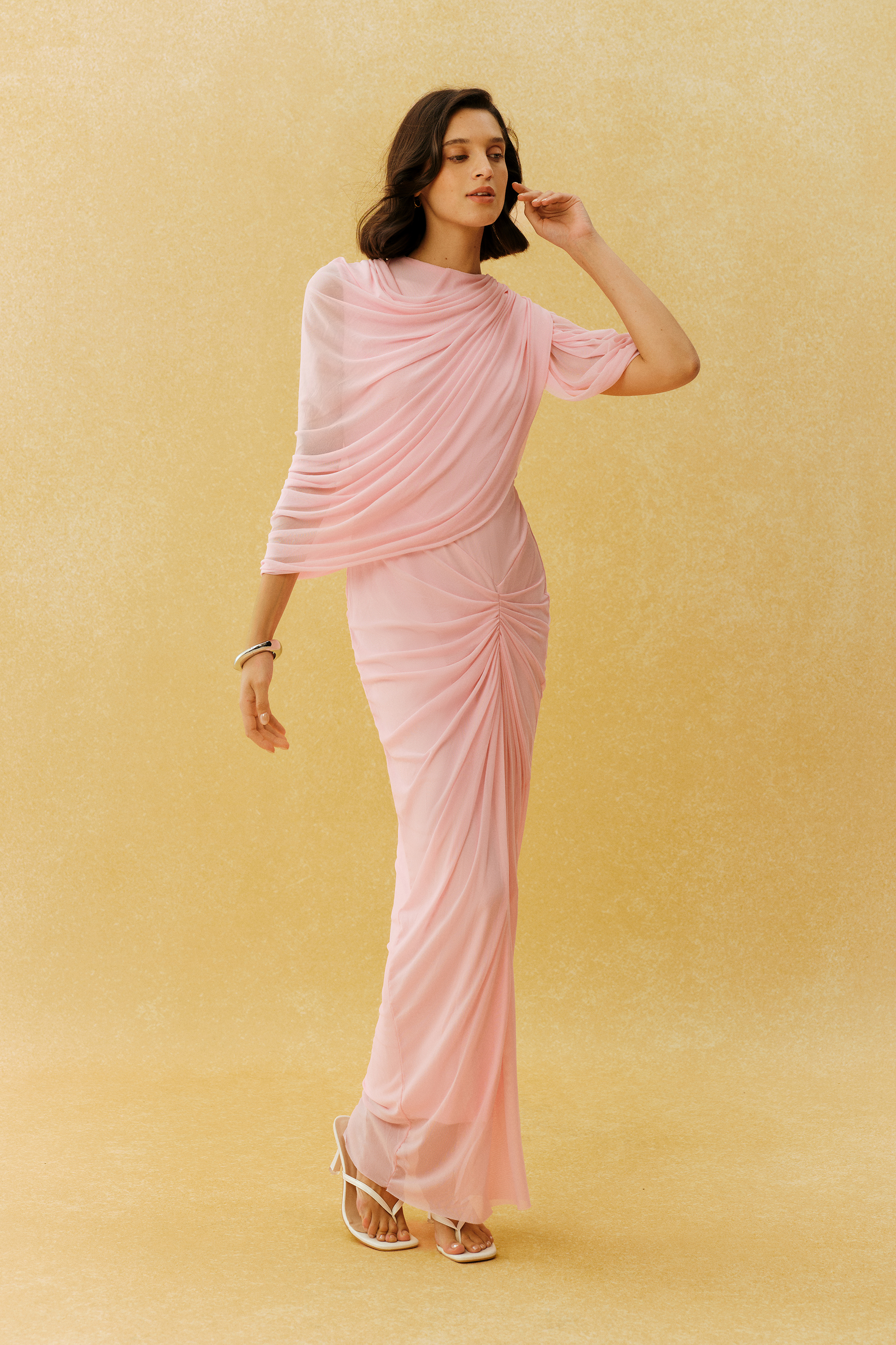 Goddess Moment Pink Asymmetric Sleeve Draped Maxi Dress