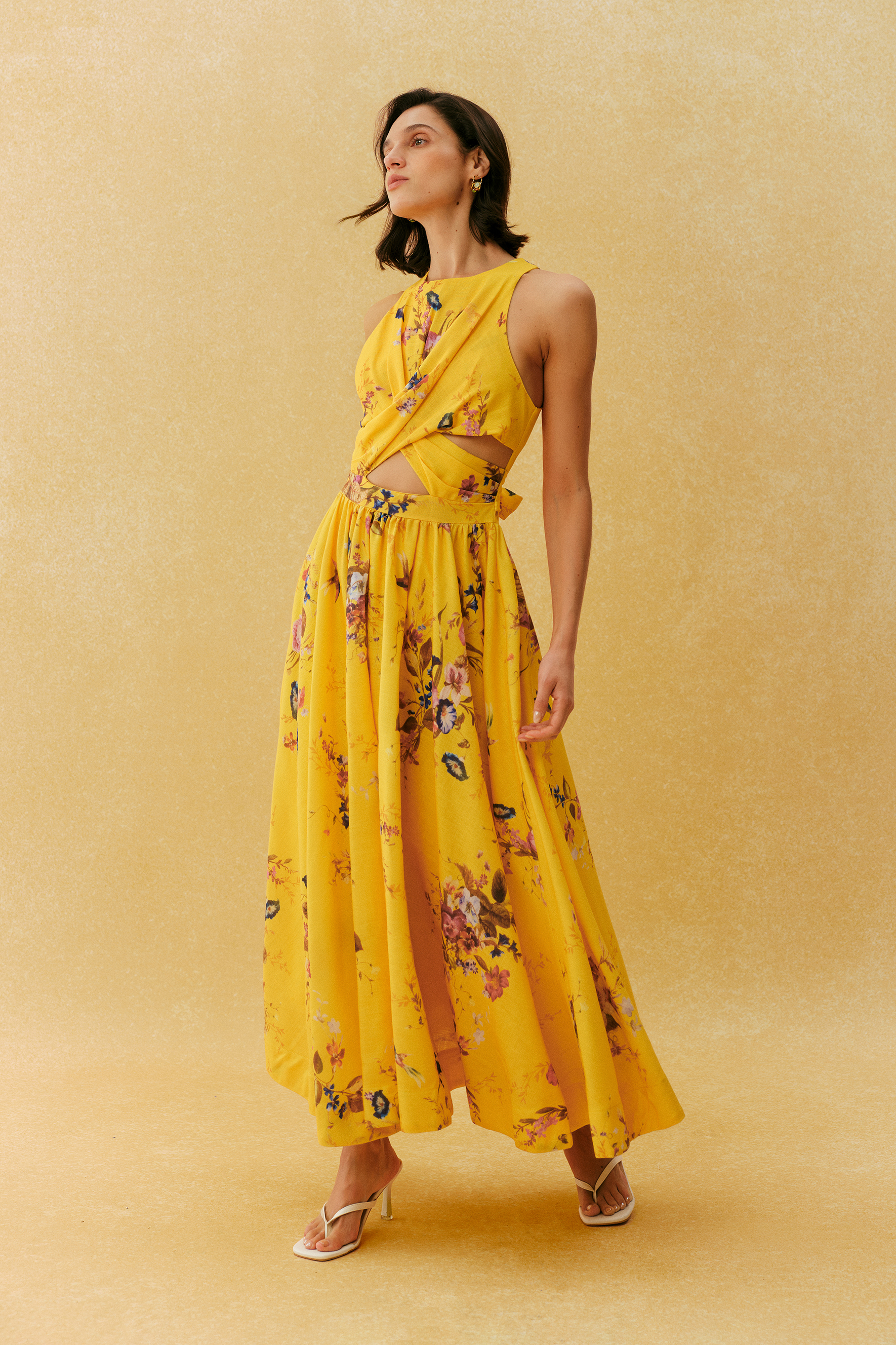 Holiday Mood Yellow Floral Print Cutout Maxi Dress