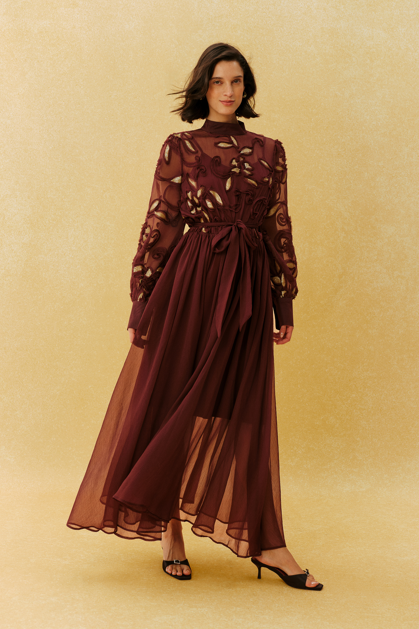 Autumn Affair Burgundy Floral Embroidery Long Sleeve Maxi Dress