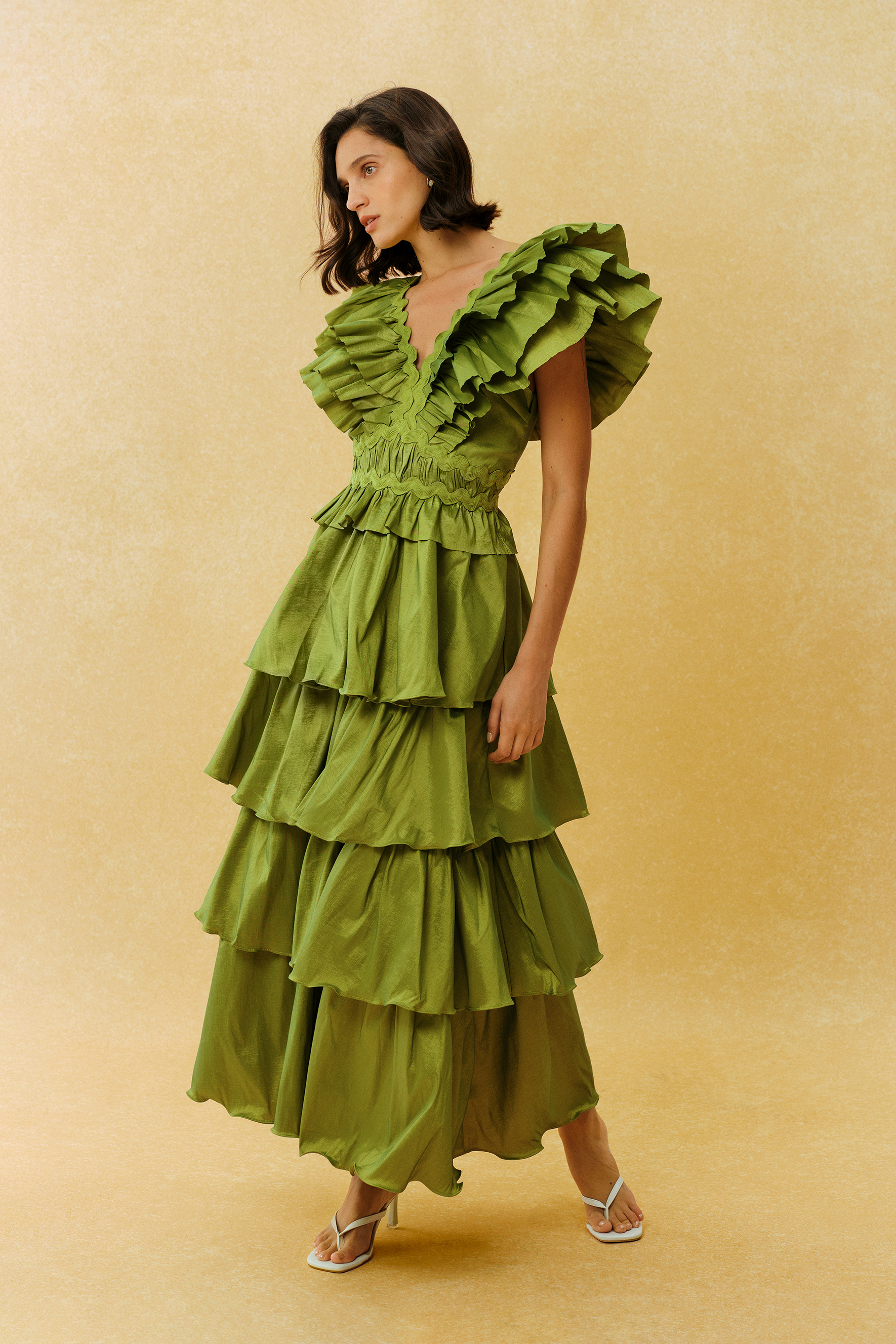 Can't Look Away Green V Neck Ruffle Sleeve Tiered Maxi Dress