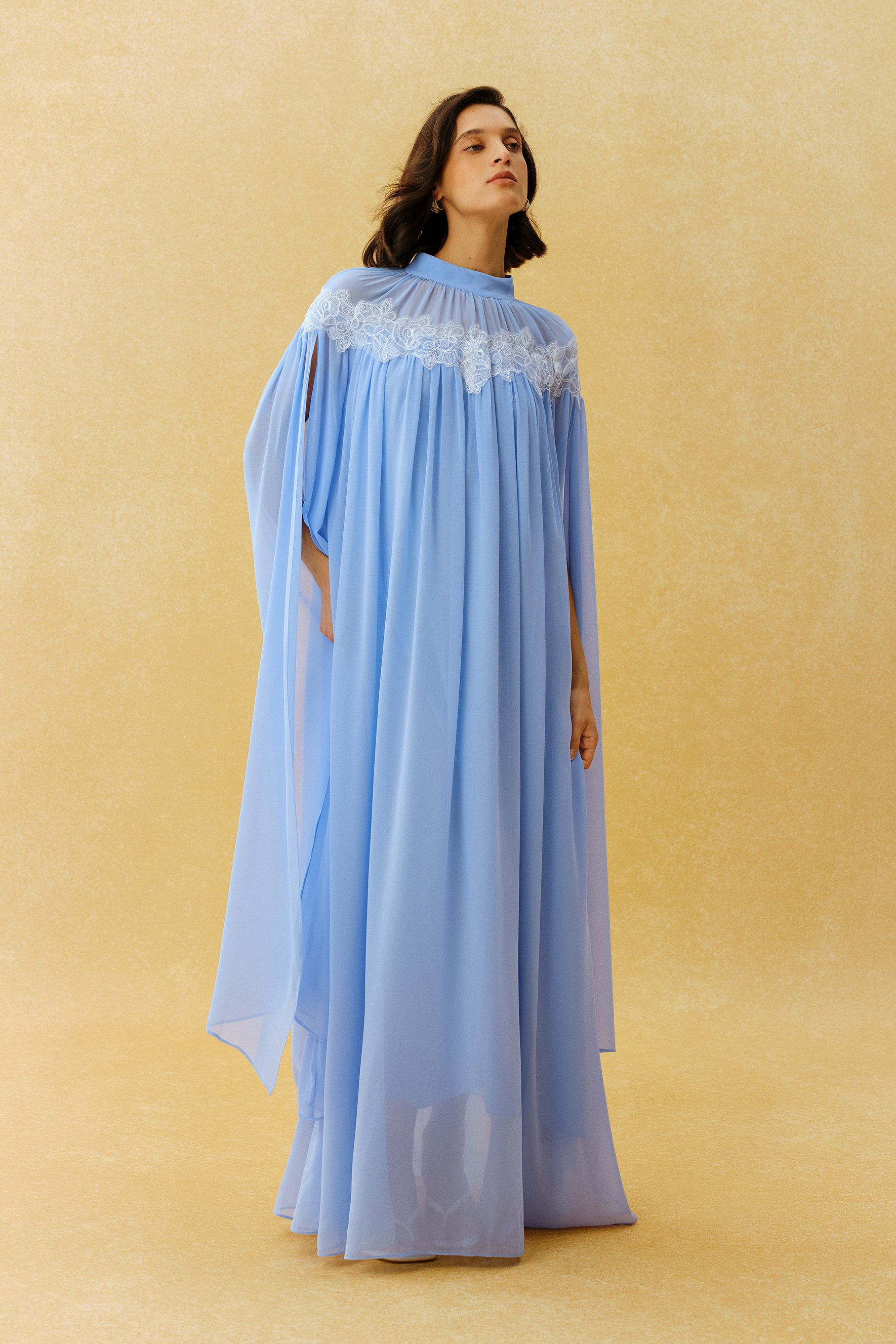 Glamorous Disposition Blue Lace Embroidery Cape Sleeve Maxi Dress