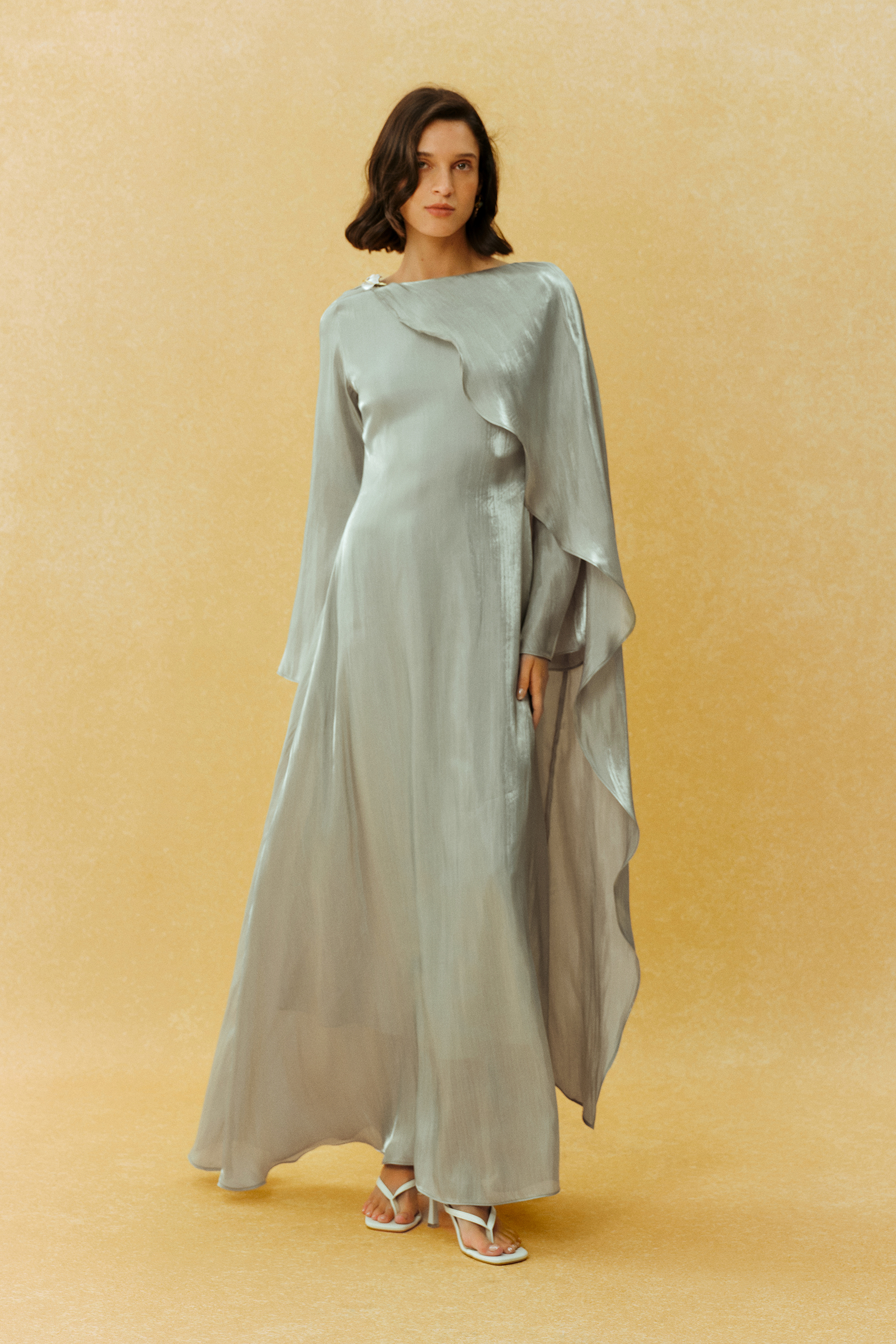 Classic Mood Grey Irregular Draped Long Sleeve Maxi Dress