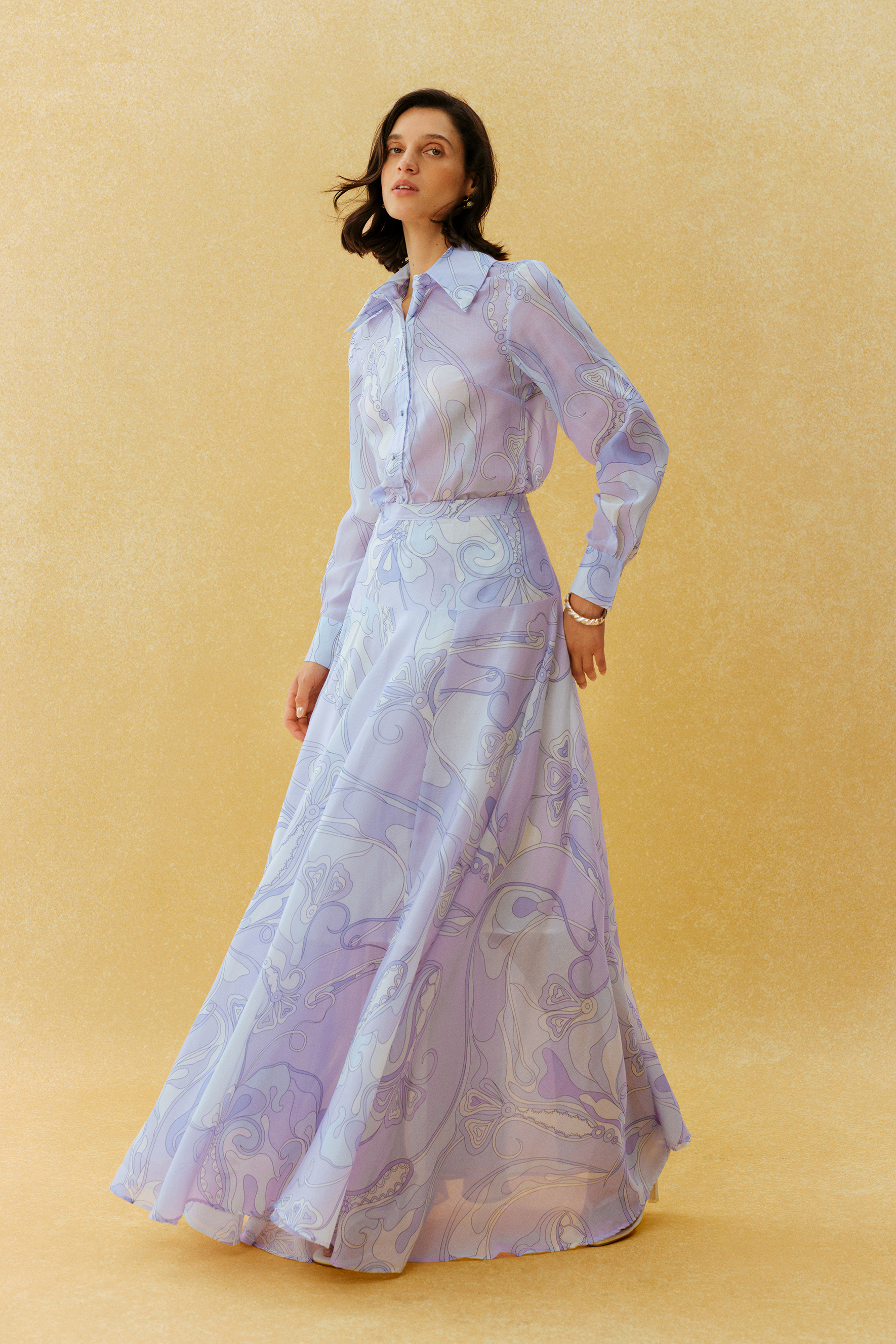 Casual Mood Purple Abstract Print Shirt & Maxi Skirt Set