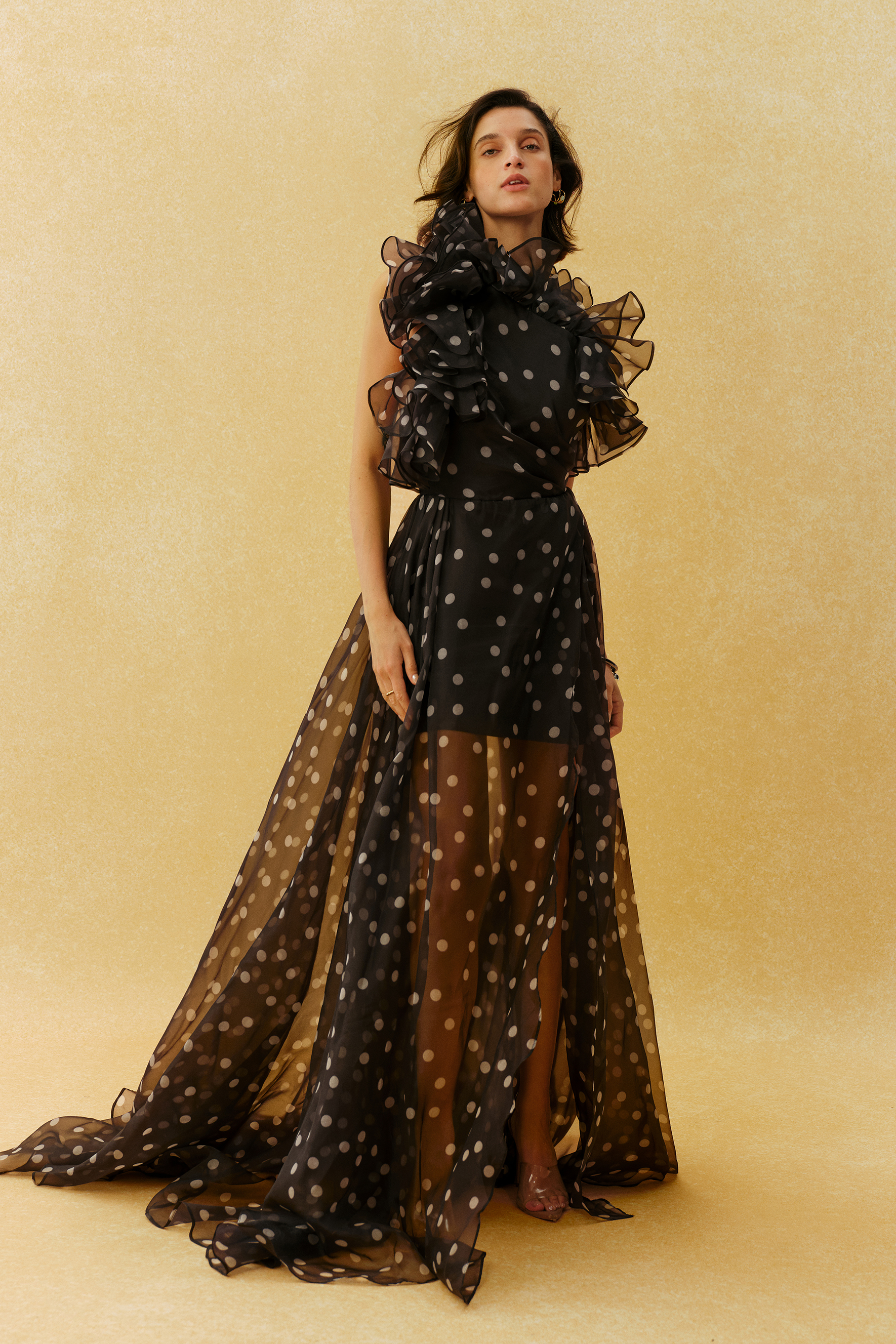 Playful Elegance Black Polka Dot Ruffle Neck Maxi Dress