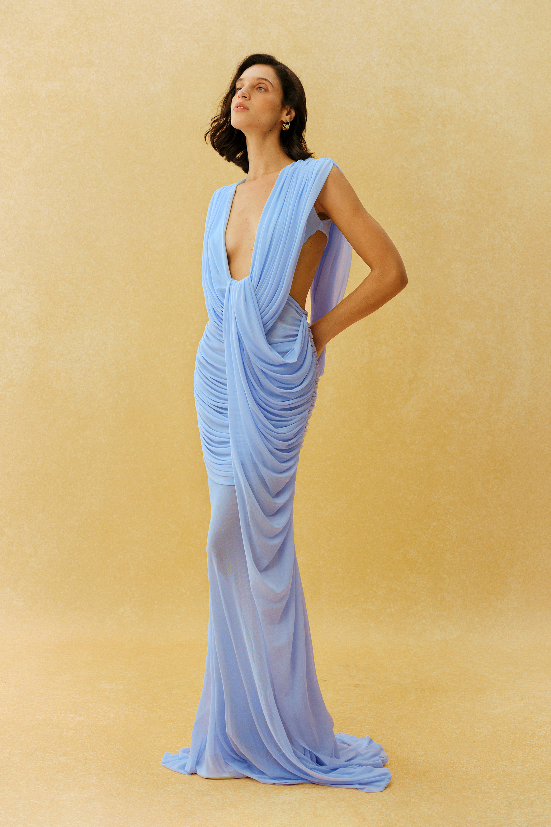 Born A Goddess Blue Deep V Sleeveless Draped Maxi Dress