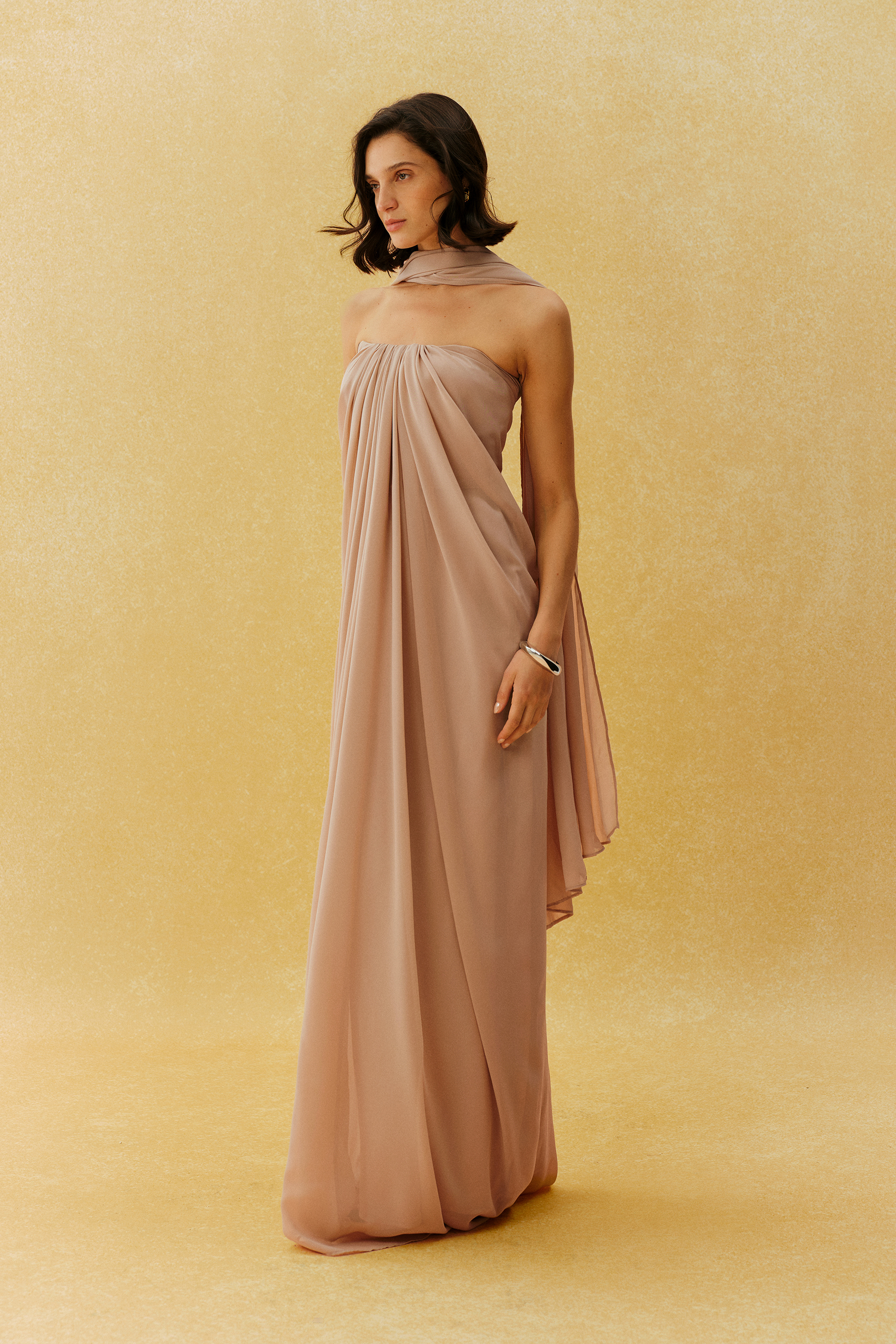 She’s A Muse Khaki Strapless Maxi Dress With Scarf