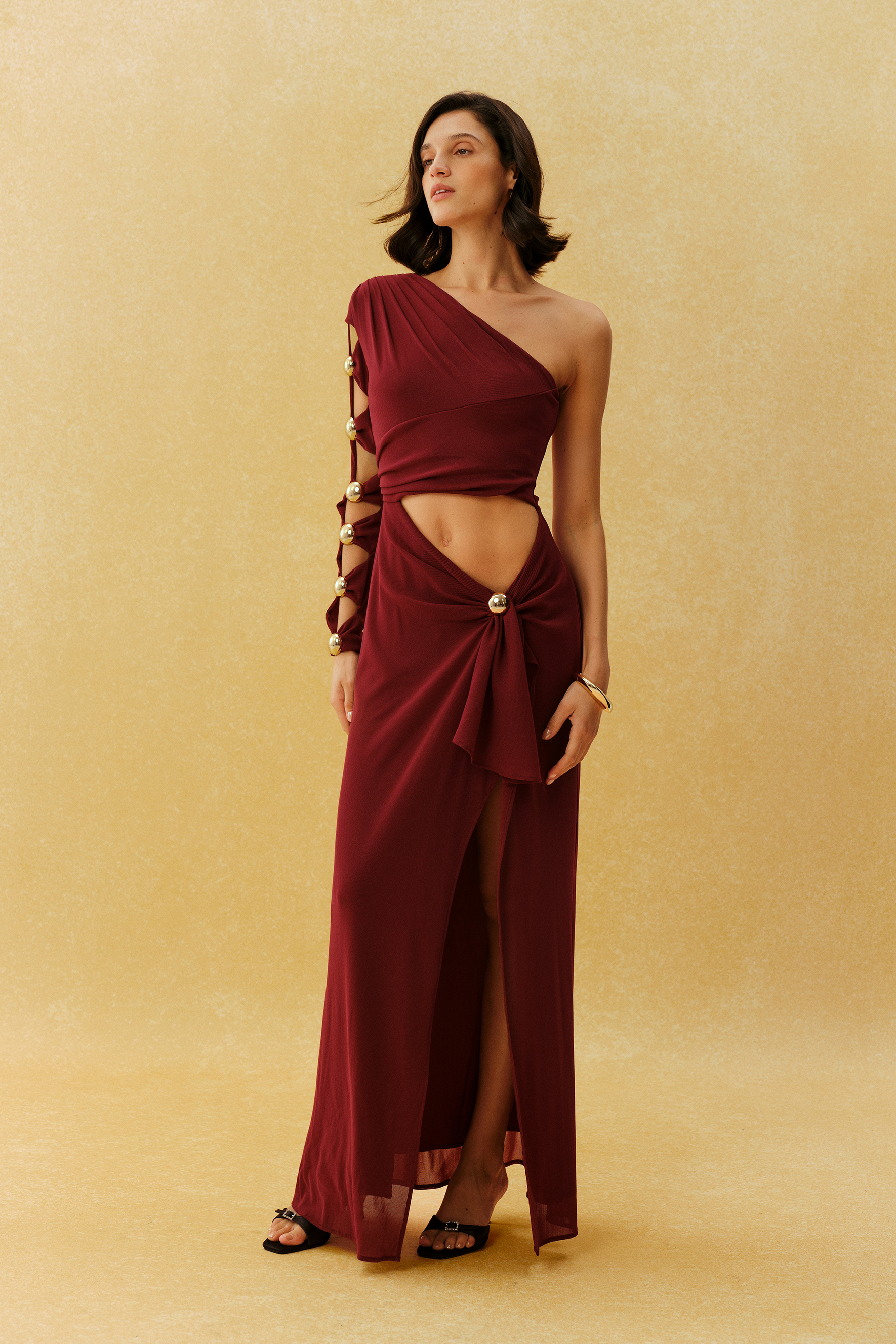 Focused Glamour Burgundy One Shoulder Cutout Metal Bead Maxi Dress