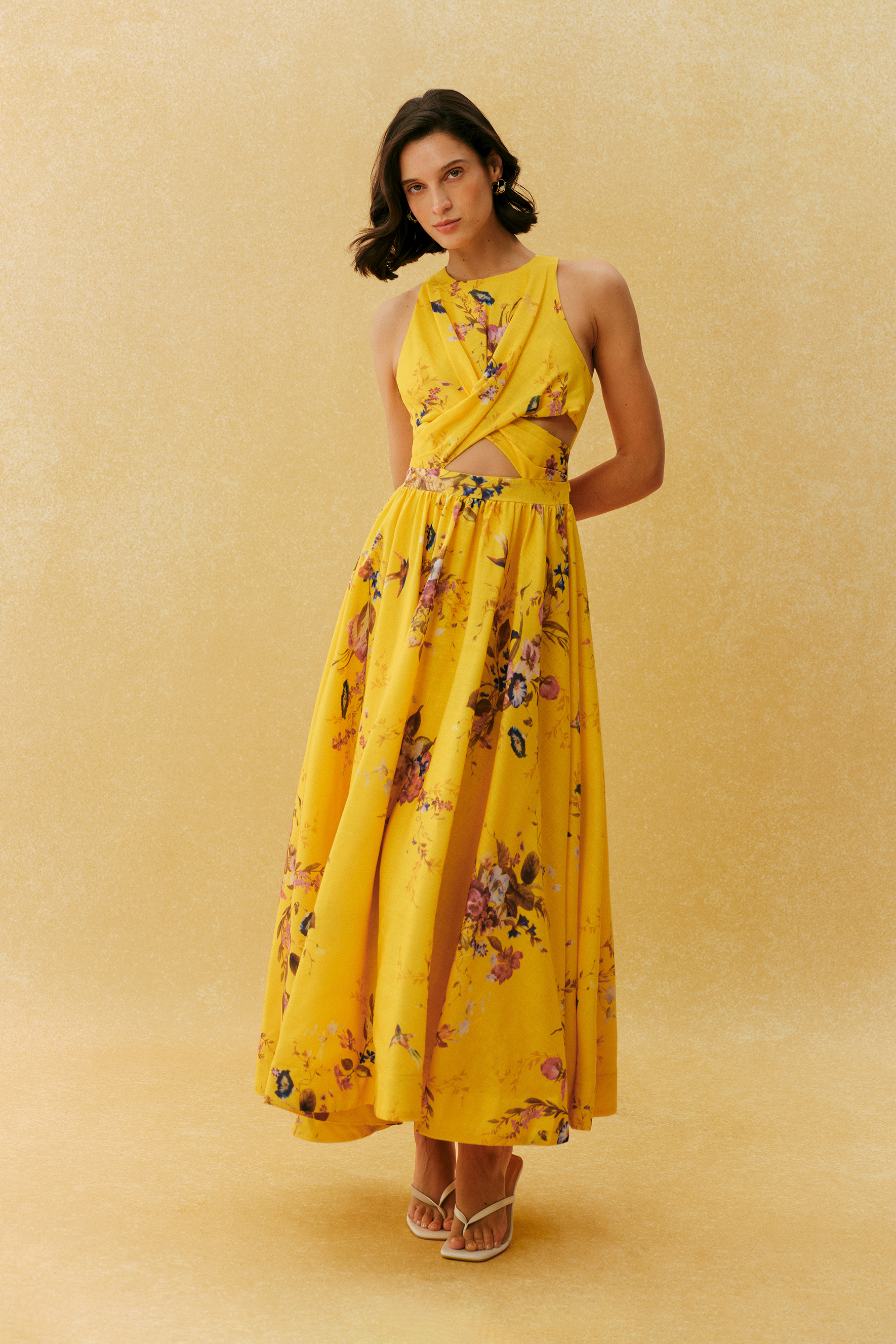 Holiday Mood Yellow Floral Print Cutout Maxi Dress