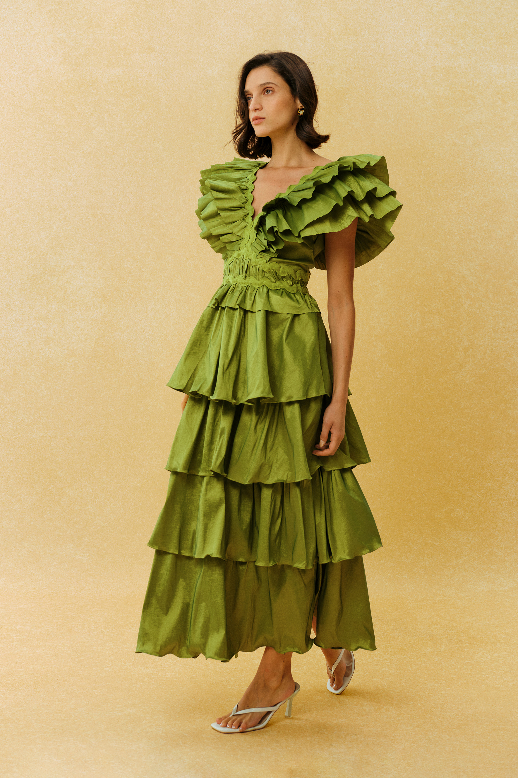 Can't Look Away Green V Neck Ruffle Sleeve Tiered Maxi Dress