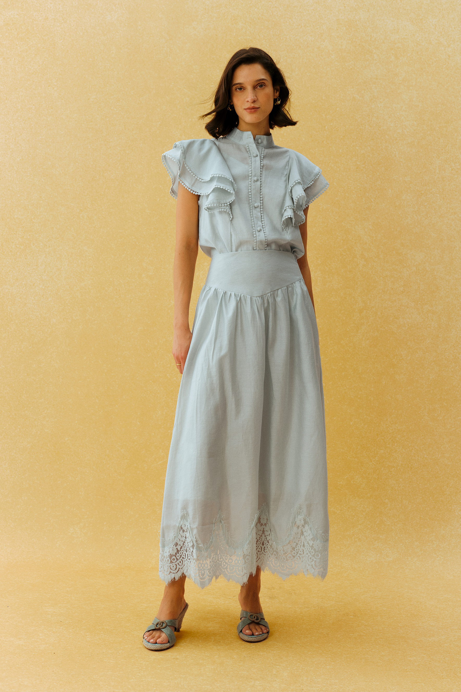 City Romance Blue Ruffle Sleeve Blouse & Lace Hem Skirt Set
