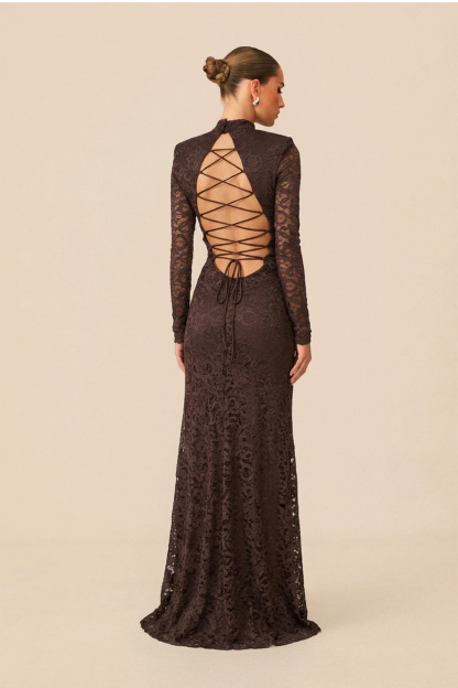 Appetite for Seduction Brown Sheer Lace Open Back Maxi Dress