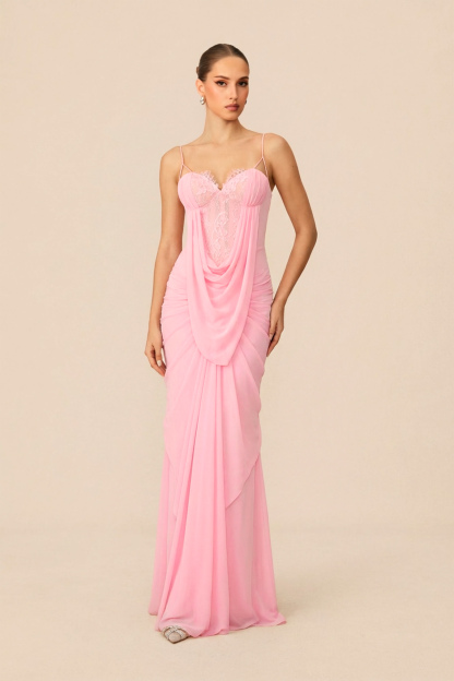 Brilliant Belle Pink Cowl Front Lace Corset Maxi Dress