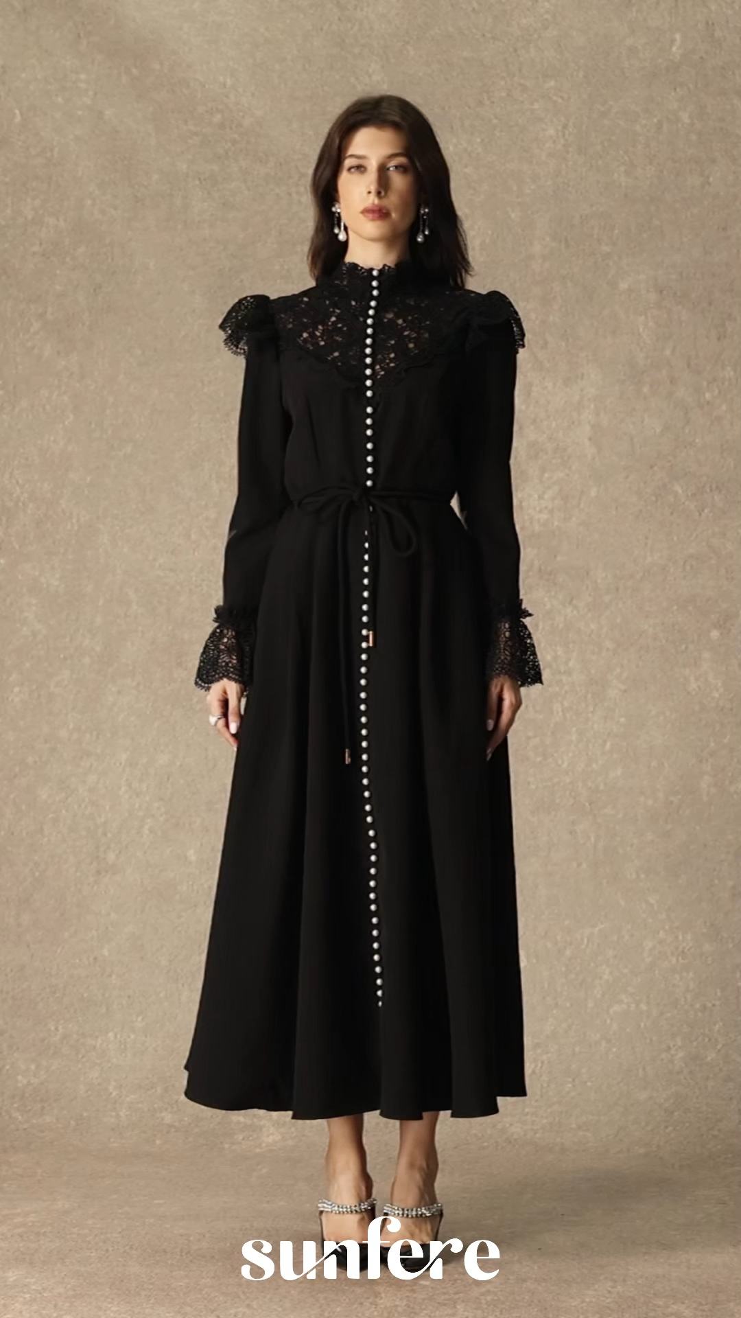 Timeless Grace Black Lace Panel Long Sleeve Maxi Dress