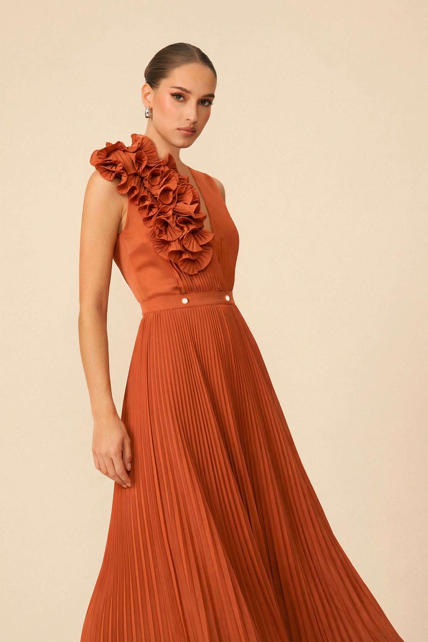 The VIP Vibe Orange V‑Neck Ruffle Top & Pleated Skirt Set