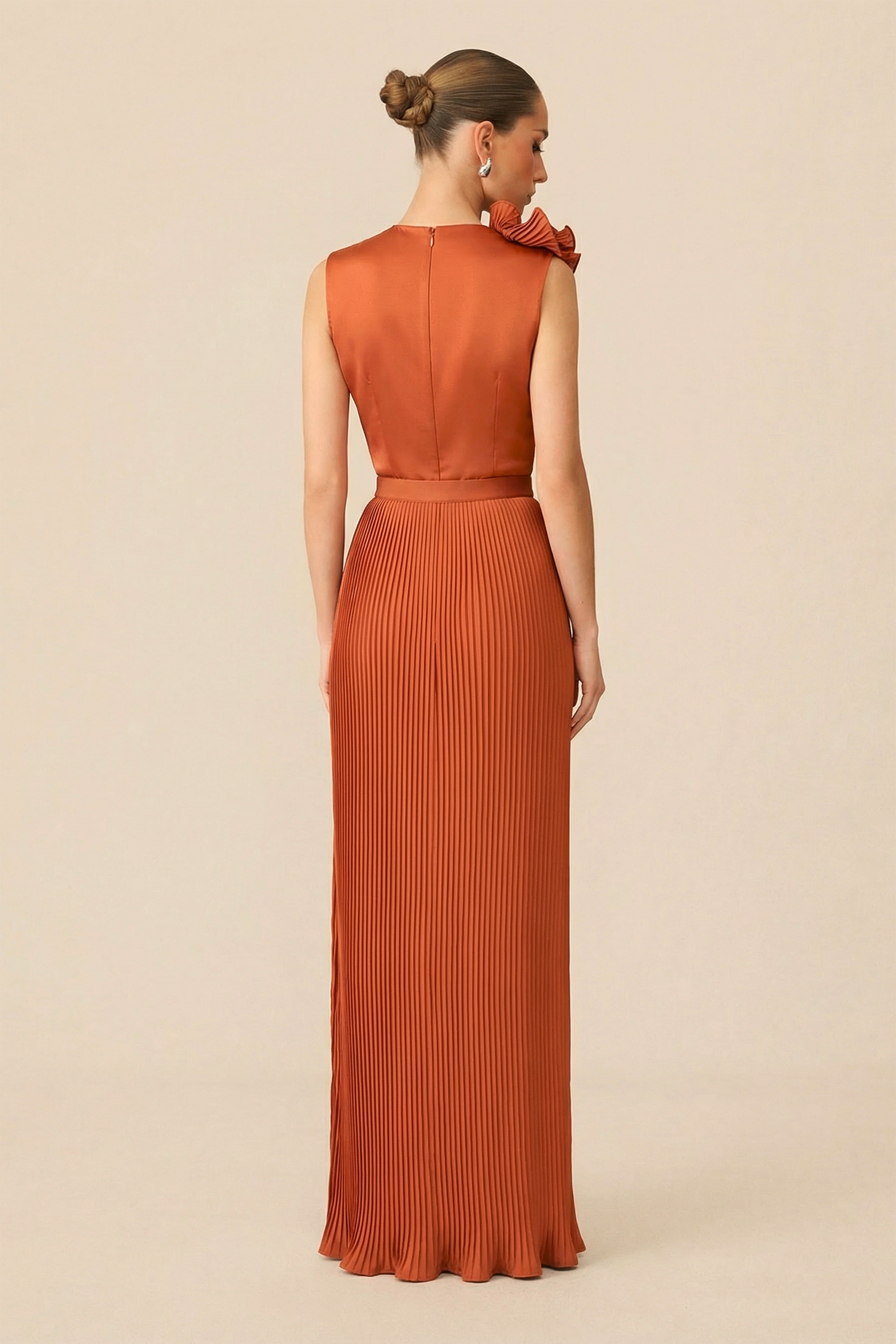 The VIP Vibe Orange V‑Neck Ruffle Top & Pleated Skirt Set