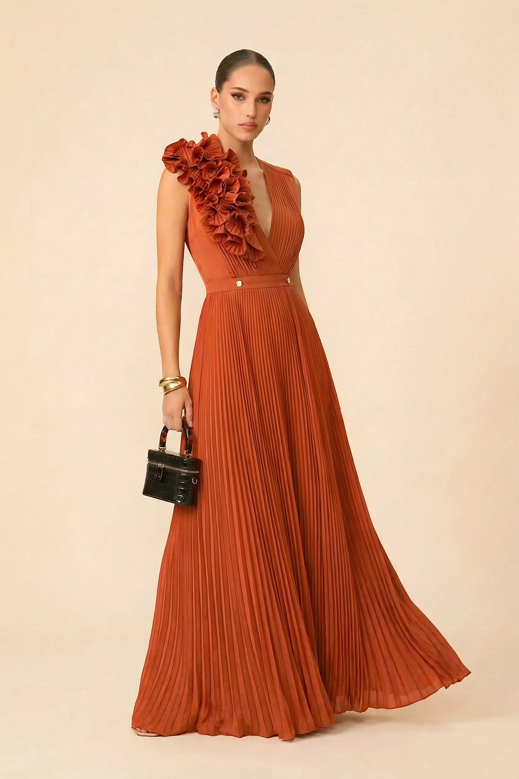 The VIP Vibe Orange V‑Neck Ruffle Top & Pleated Skirt Set