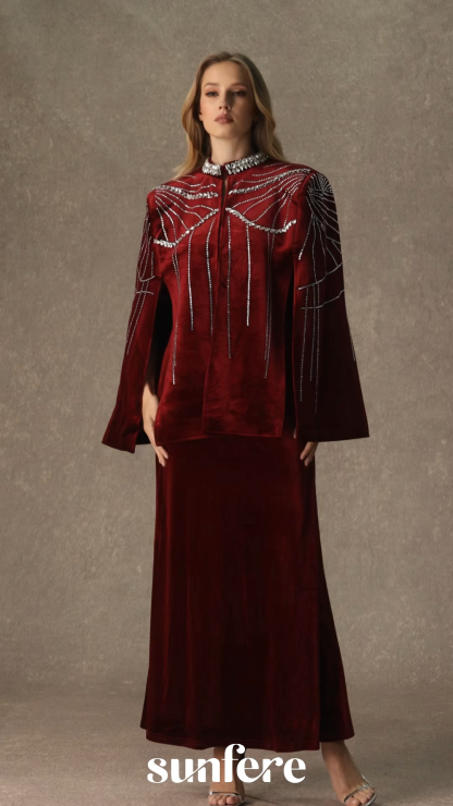 Graceful Invite Burgundy Crystal Embellished Cape & Velvet Maxi Skirt Set