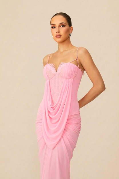 Brilliant Belle Pink Cowl Front Lace Corset Maxi Dress