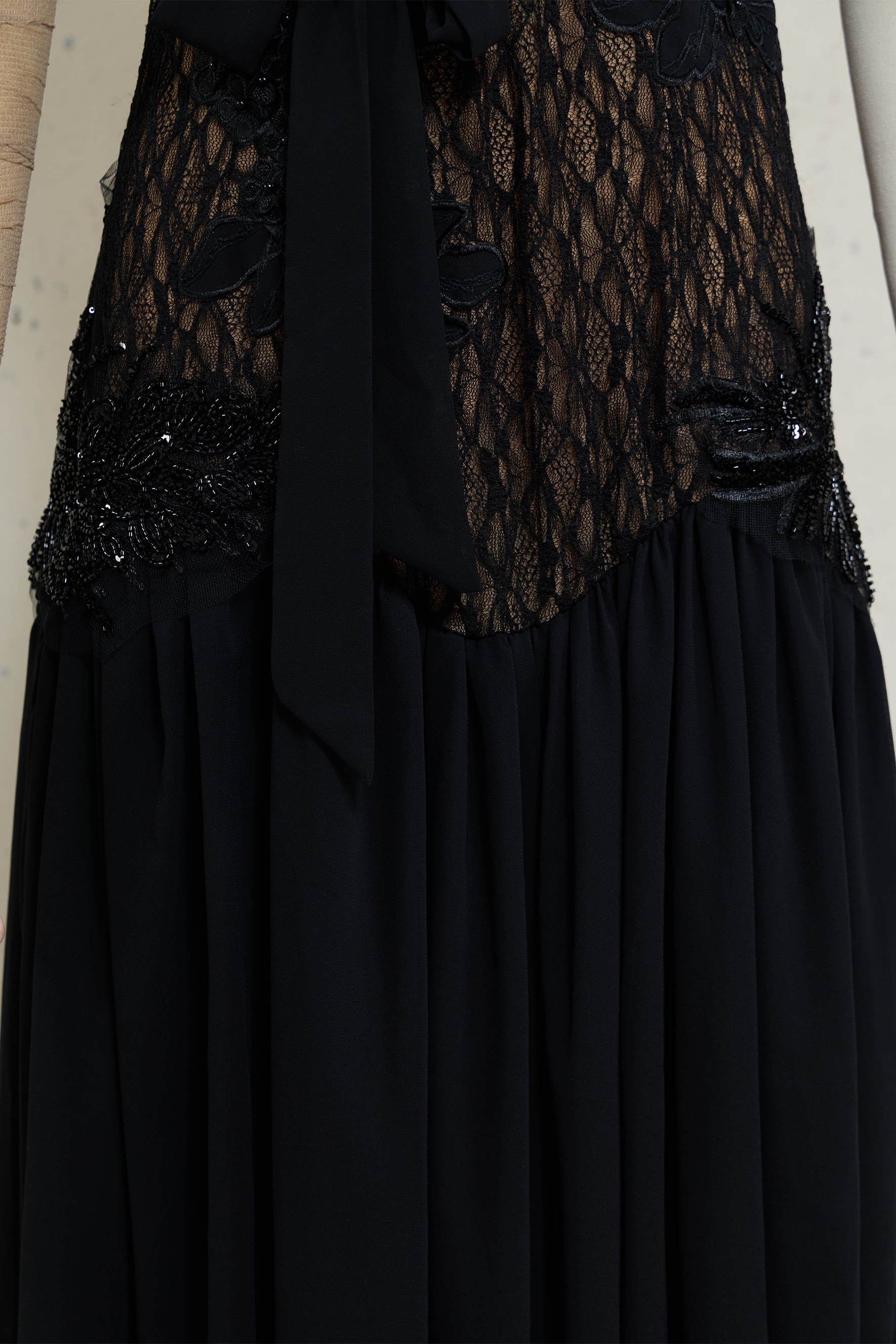 Out In Elegance Black Floral Applique Lace Bodice Maxi Dress