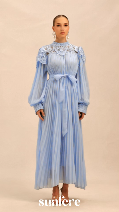 Gorgeous Purpose Blue Embroidered Lace Chiffon Maxi Dress