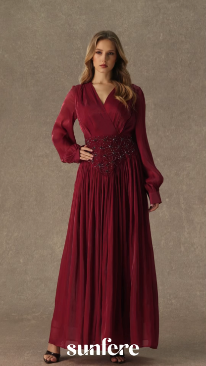Romantic Celebration Burgundy V‑Neck Beaded Maxi Dress