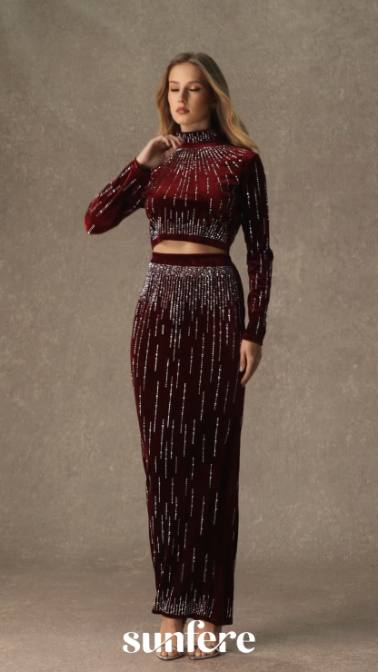 Love That For You Burgundy Velvet Crystal Embellished Top & Skirt Set