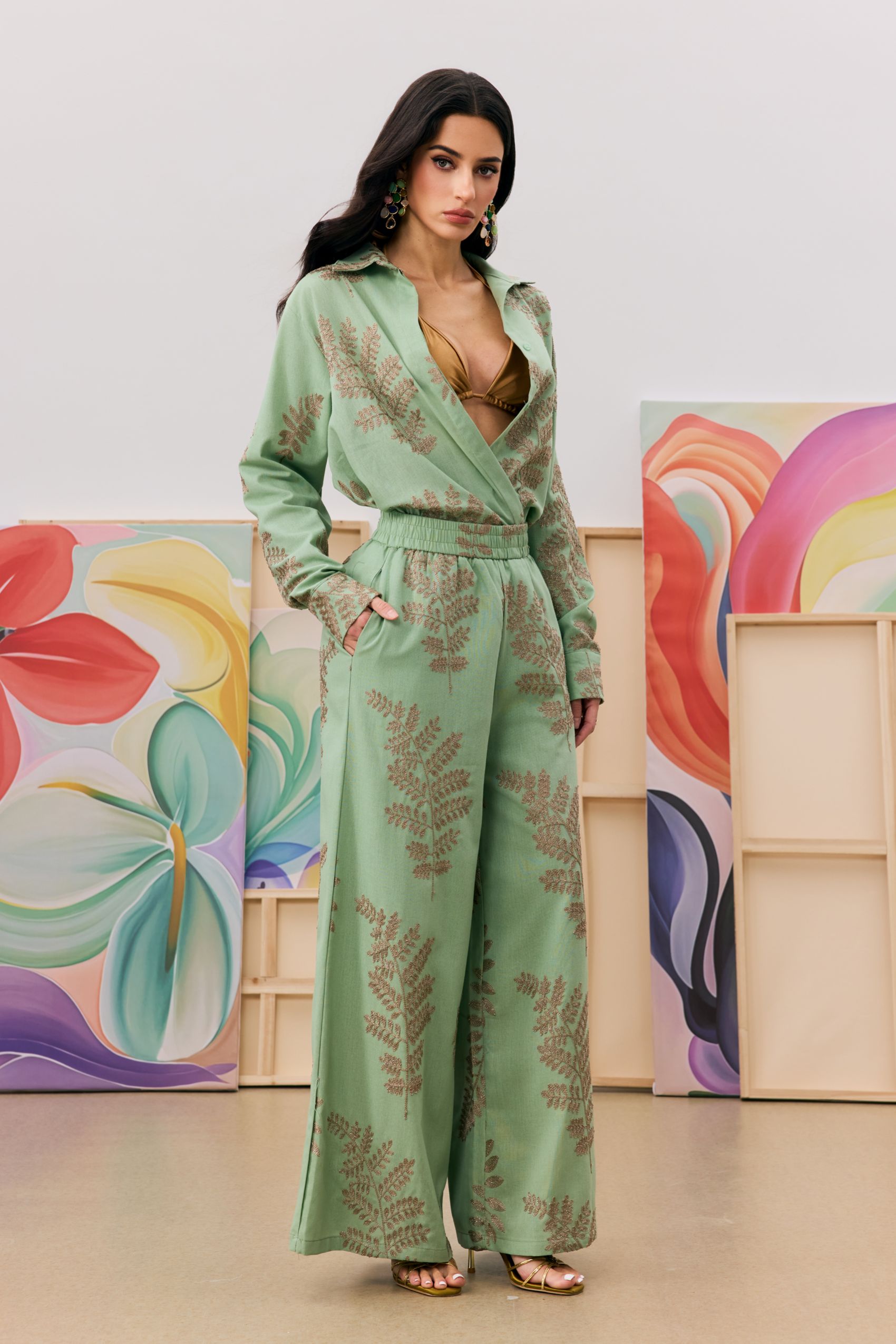 Anastasia Leaf Print Shirt & Wide Leg Pants Set