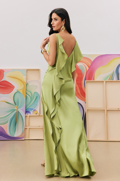 パーティードレス Satin Dress バックレスラッフルディテールサテンドレス |リゾートビーチ