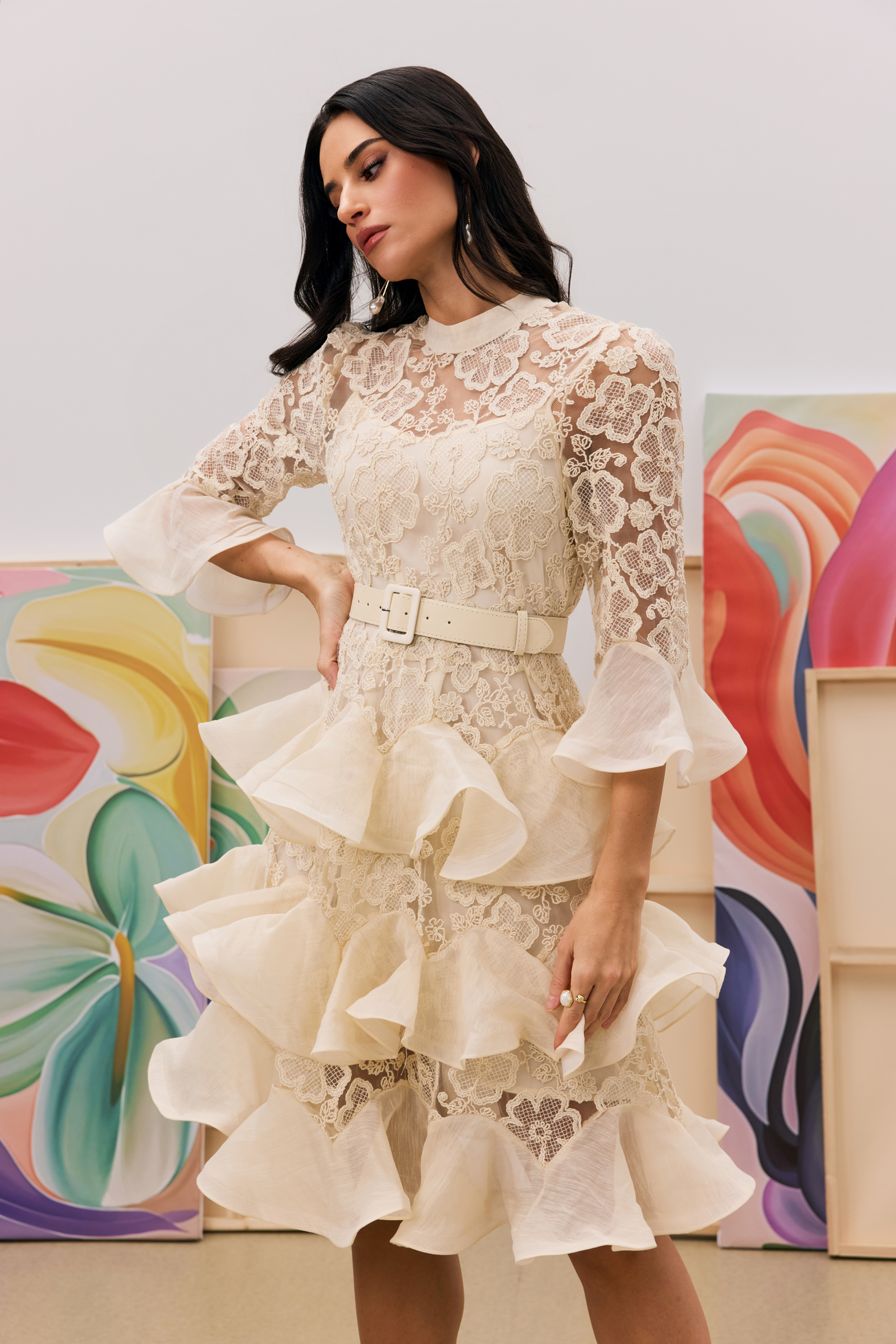 Kathy Floral Lace Tiered Mini Dress