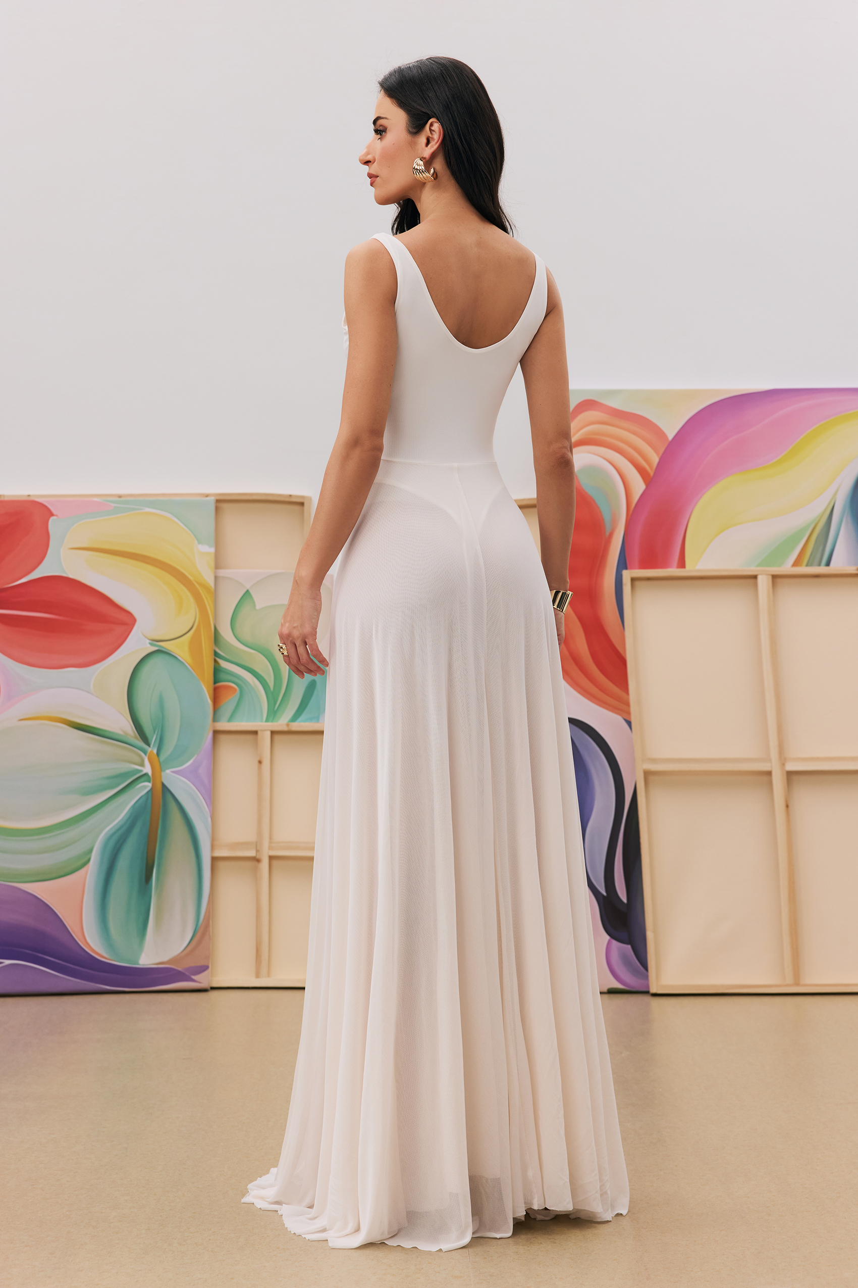 Julie Plunge Neck Semi-sheer Mesh Maxi Dress