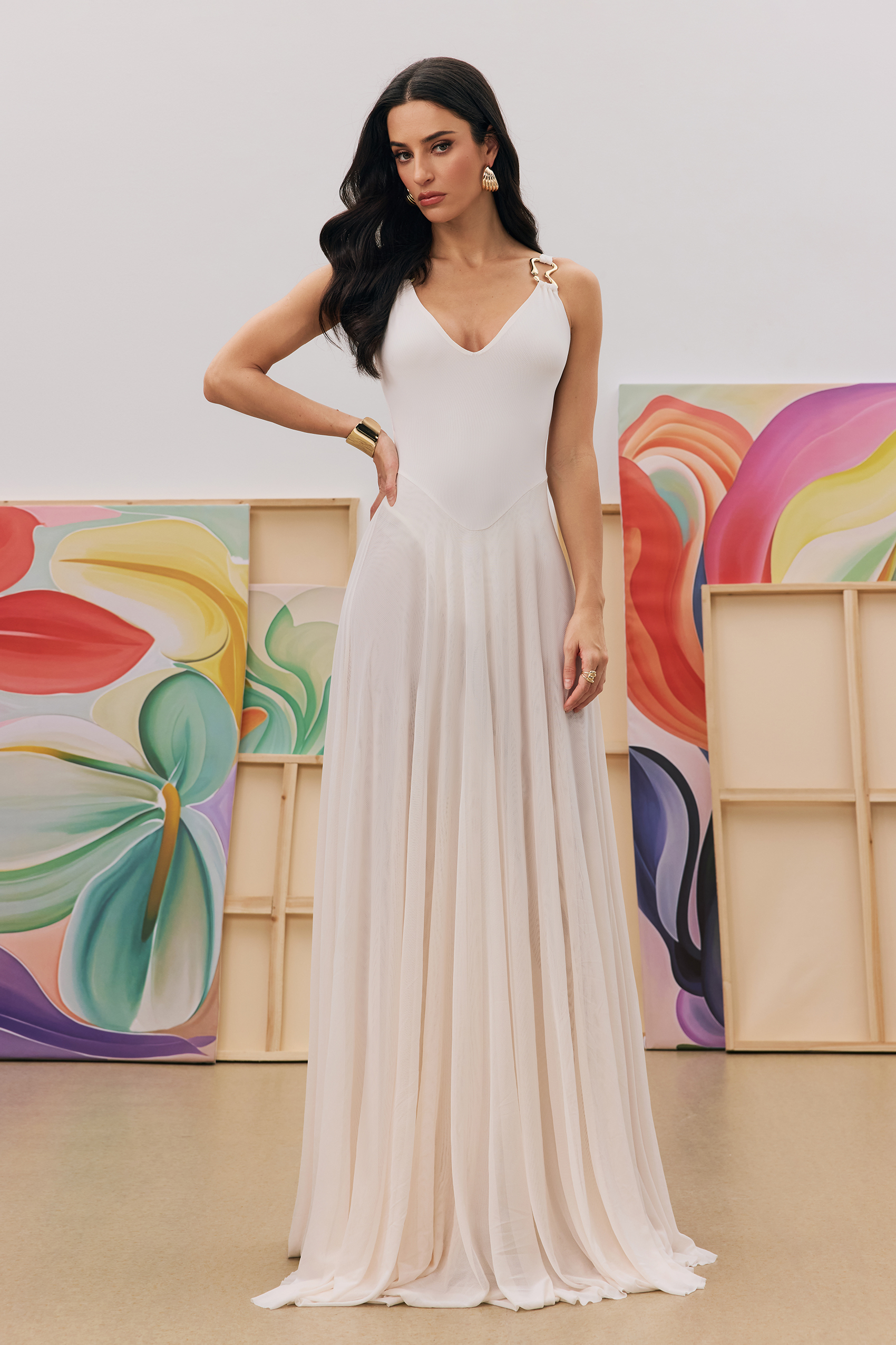 Julie Plunge Neck Semi-sheer Mesh Maxi Dress