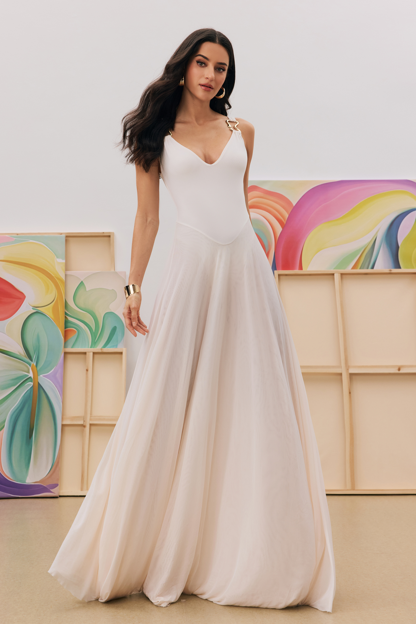 Julie Plunge Neck Semi-sheer Mesh Maxi Dress