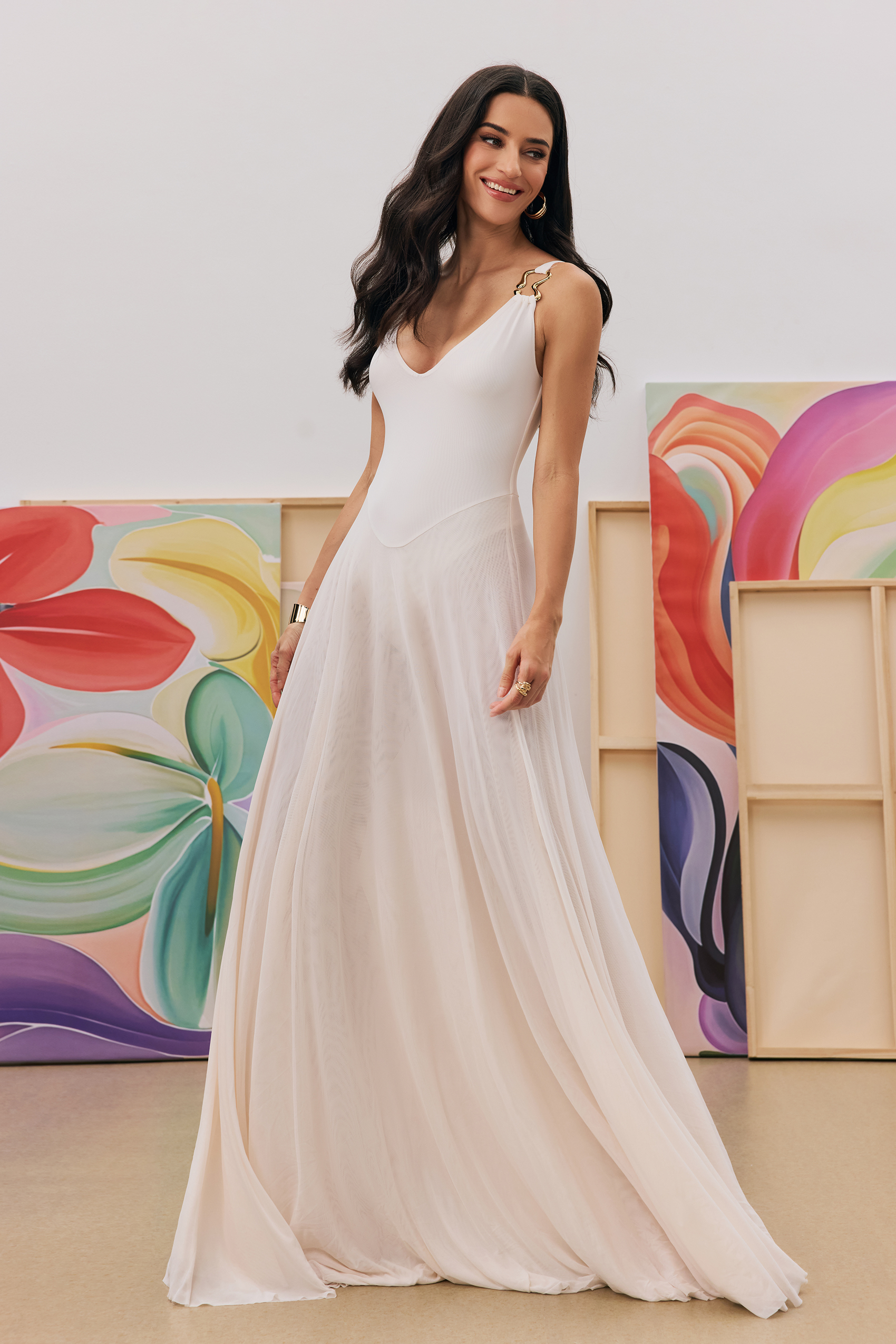 Julie Plunge Neck Semi-sheer Mesh Maxi Dress