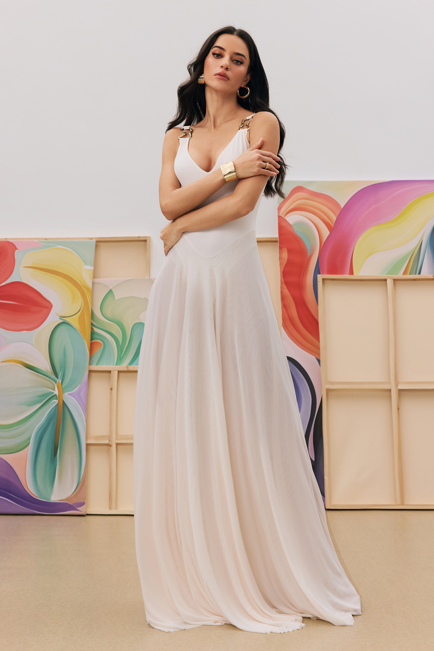 Julie Plunge Neck Semi-sheer Mesh Maxi Dress