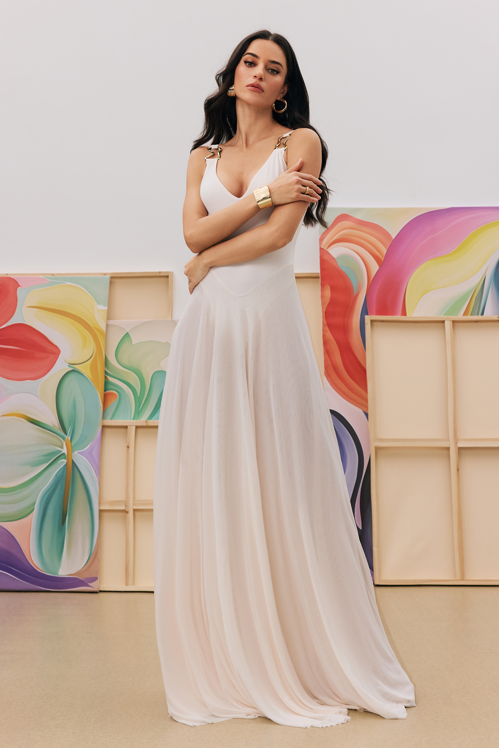 Julie Plunge Neck Semi-sheer Mesh Maxi Dress