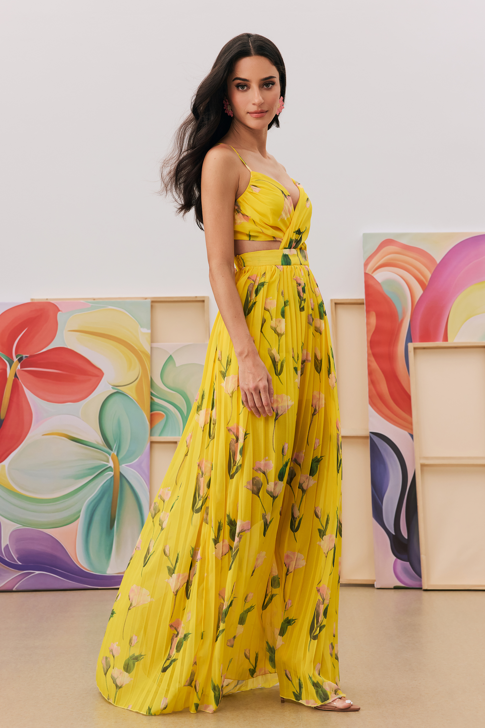 Fiori Vestito A Pieghe Vestito Lungo A Pieghe Accollato Con Stampa