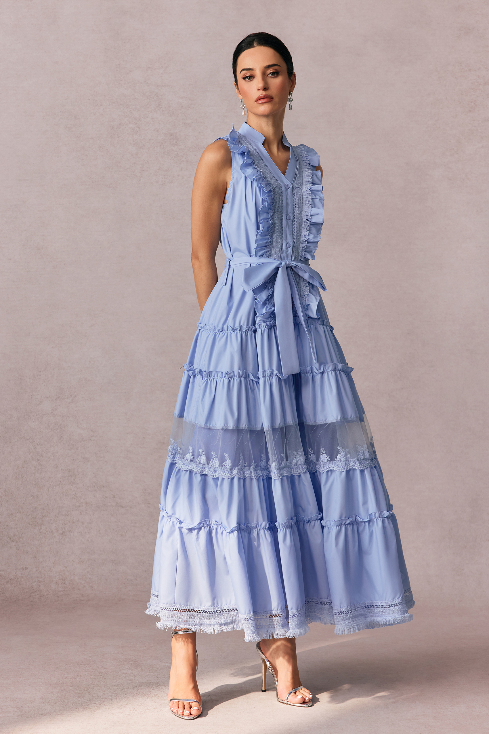 Eileen Sleeveless Ruffle Trim Maxi Dress