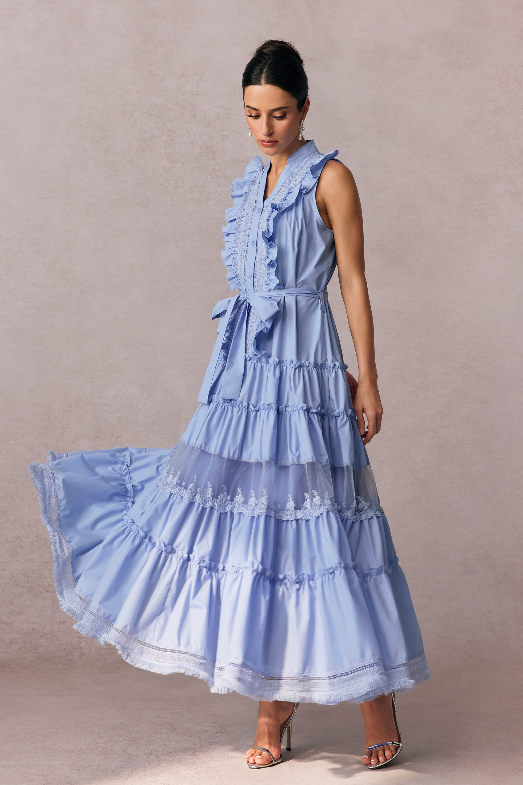 Eileen Sleeveless Ruffle Trim Maxi Dress