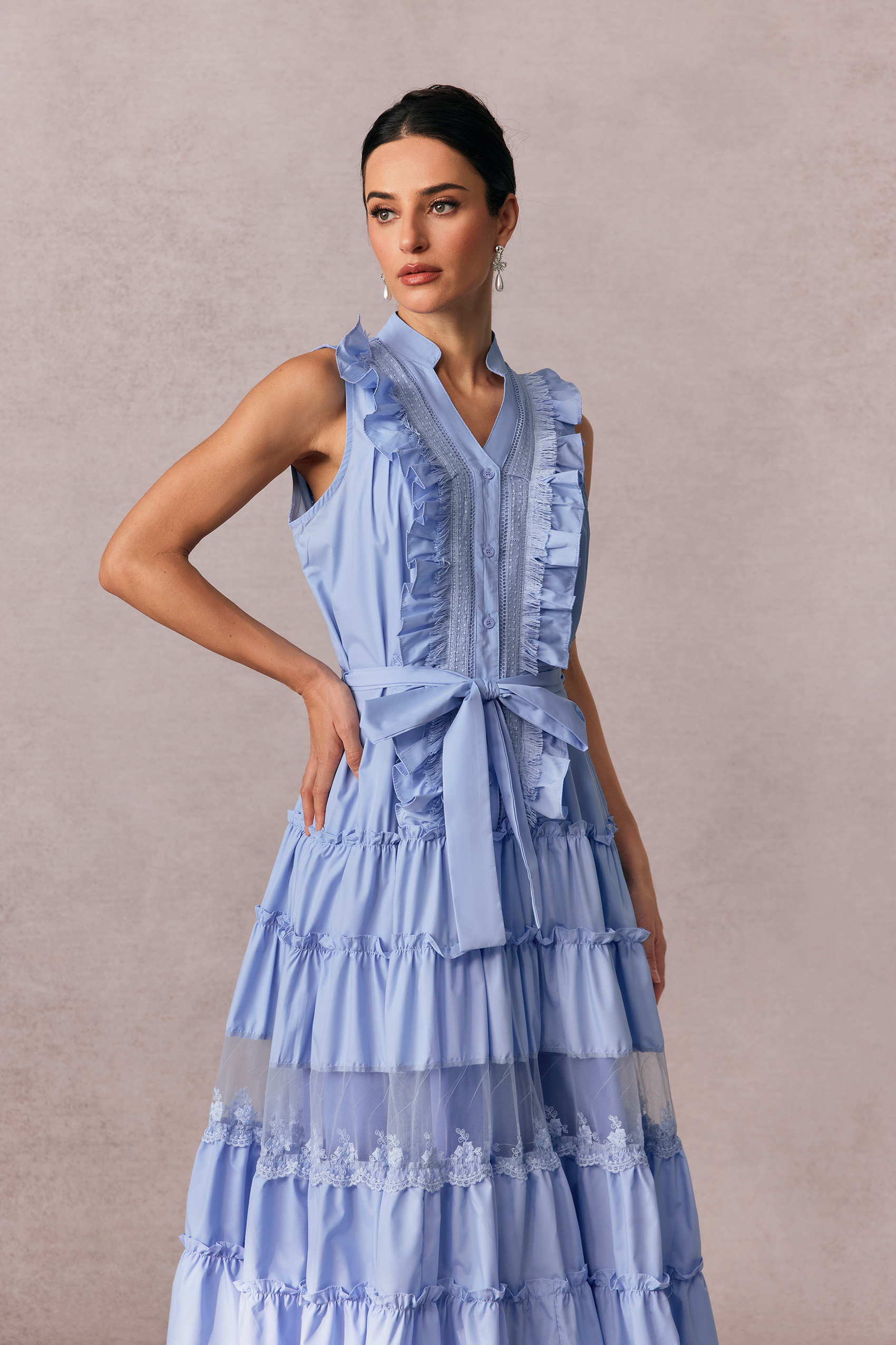 Eileen Sleeveless Ruffle Trim Maxi Dress