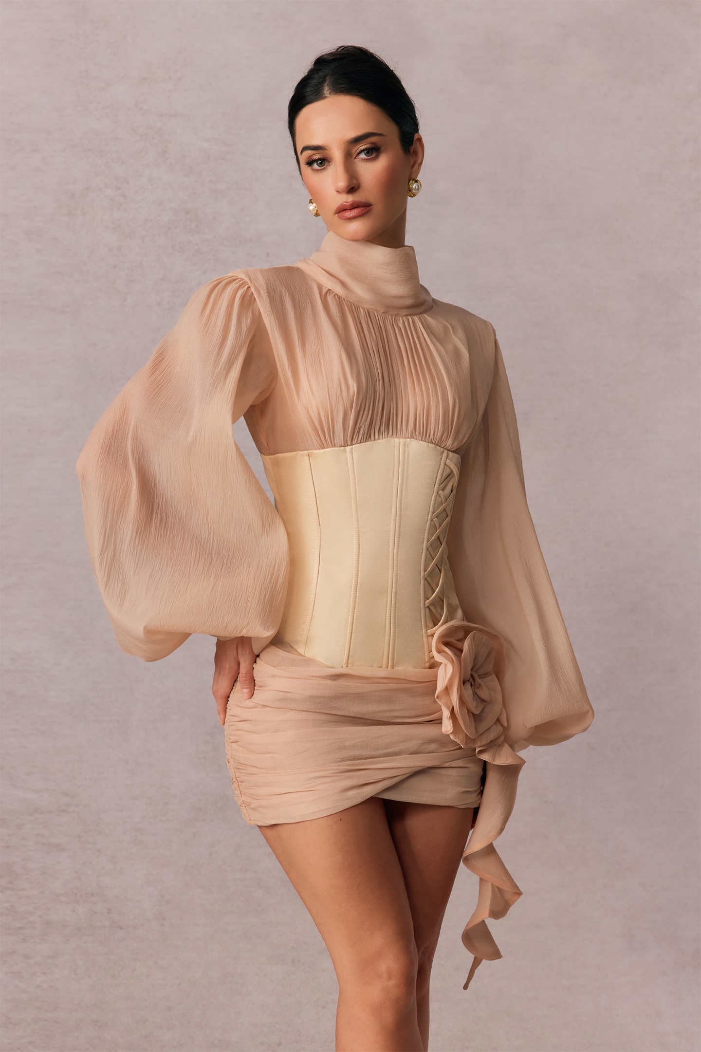 Ruched Puff Sleeves Floral Appliqué Corset Blouse Ruched Puff Sleeves Floral Appliqué Corset Blouse