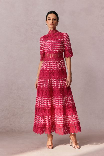 Sabrina Embroidered Lace Short Sleeve Midi Dress