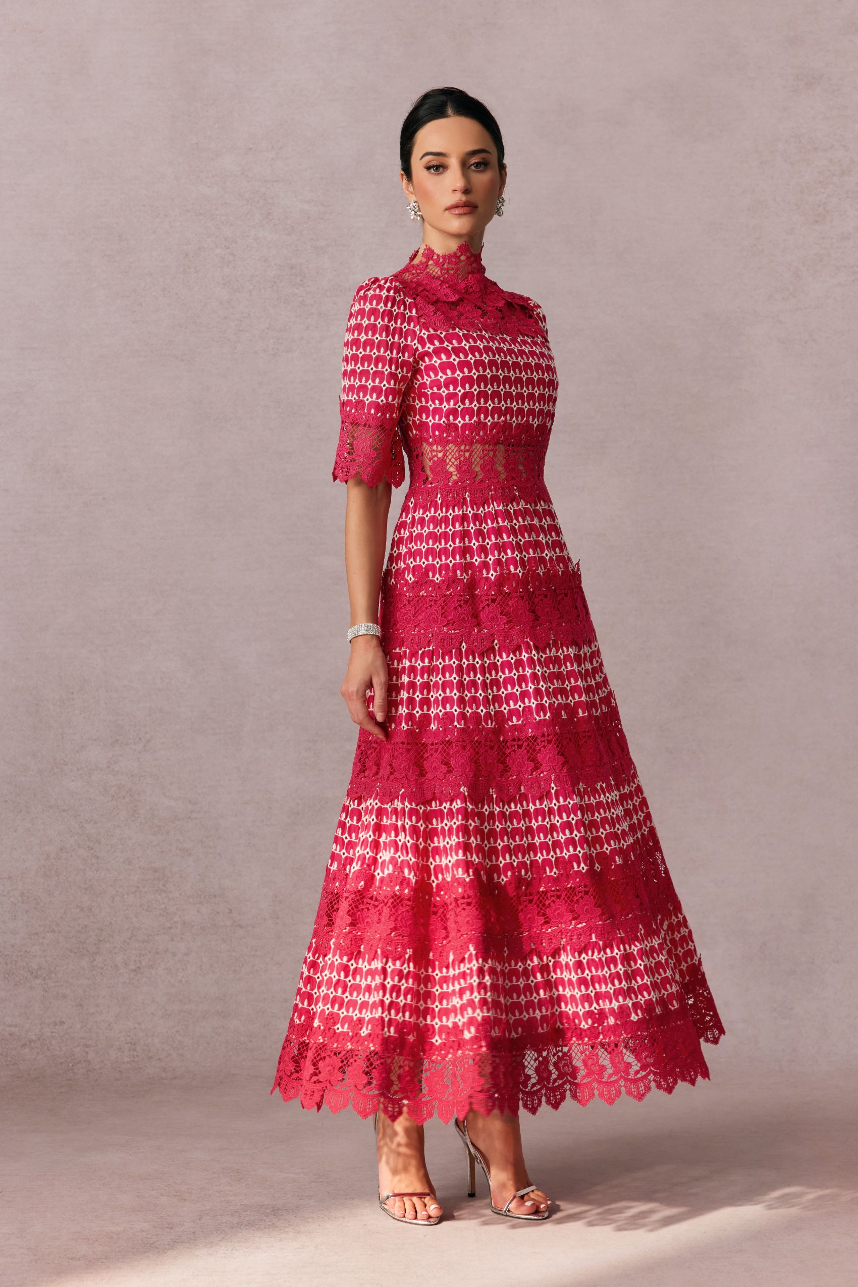 Sabrina Embroidered Lace Short Sleeve Midi Dress