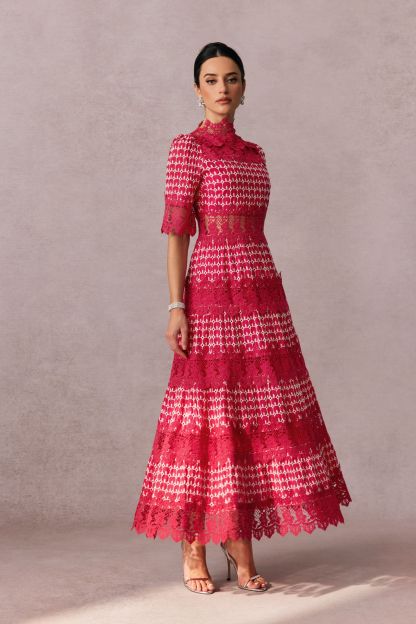 Sabrina Embroidered Lace Short Sleeve Midi Dress