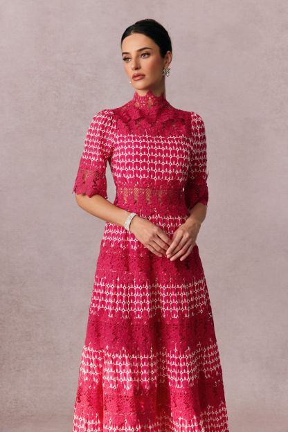 Sabrina Embroidered Lace Short Sleeve Midi Dress